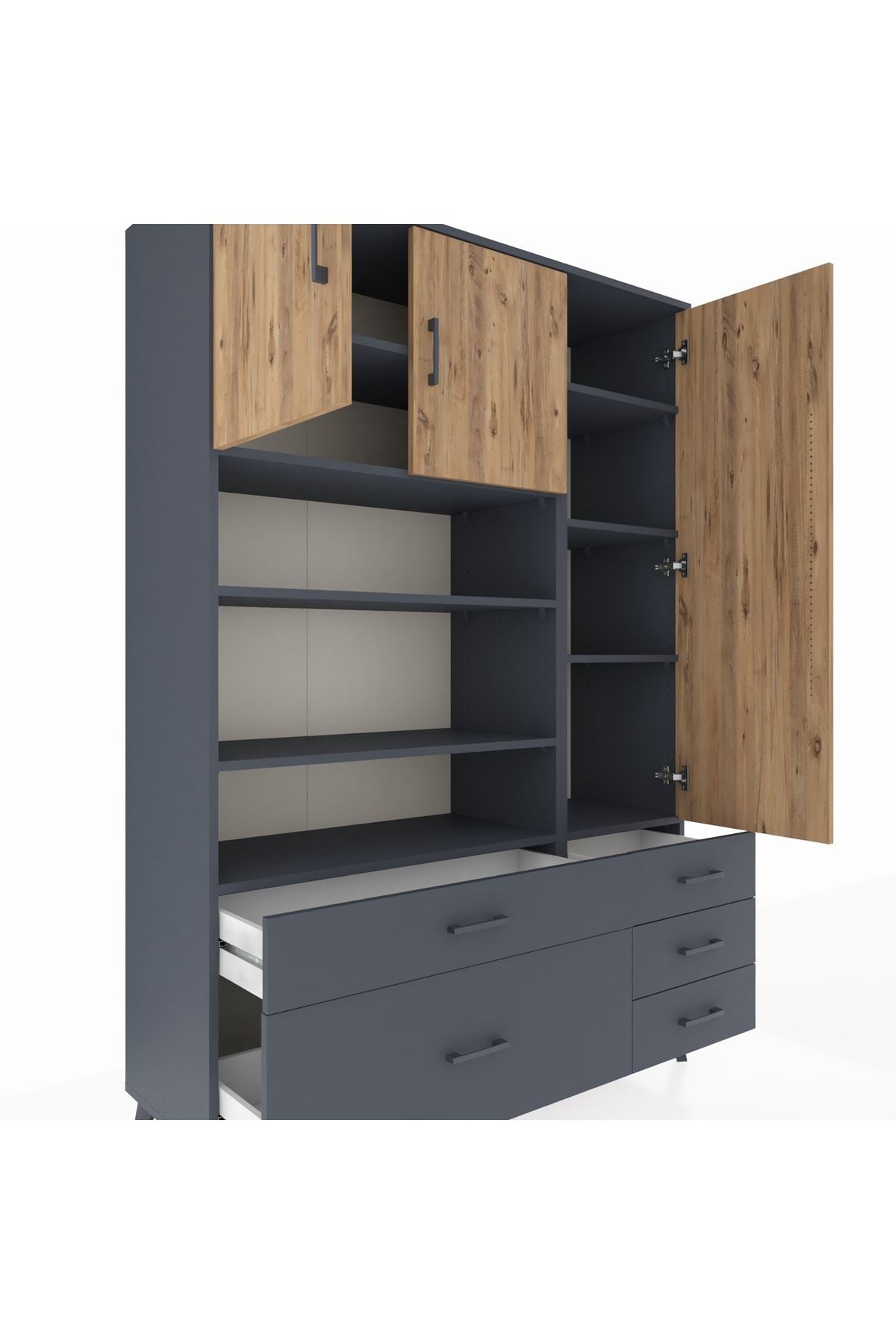 Hyperion Dolap 9 Raflı 5 Çekmeceli 3 Kapaklı 132x44x195 Antrasit-Çam/Antrasit