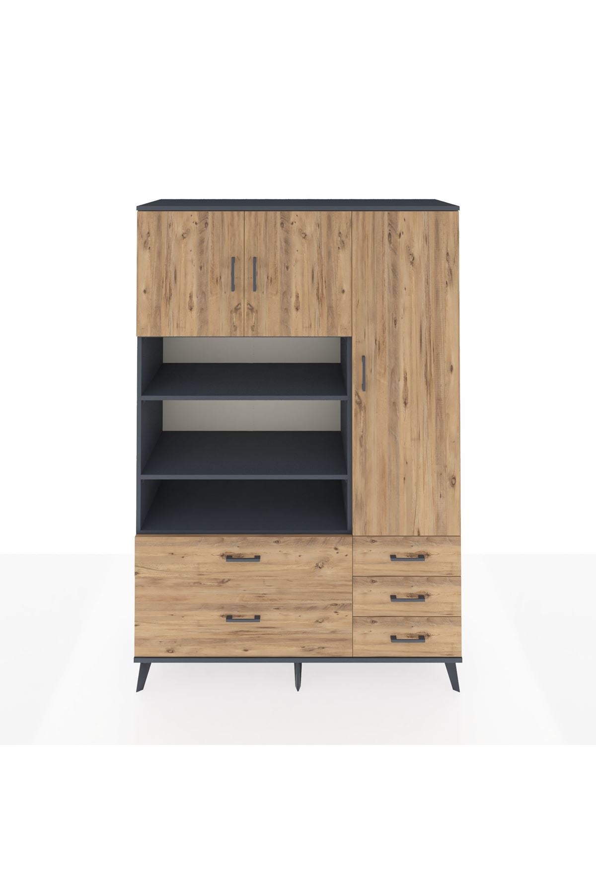 Hyperion Dolap 9 Raflı 5 Çekmeceli 3 Kapaklı 132x44x195 Antrasit-Çam/Çam