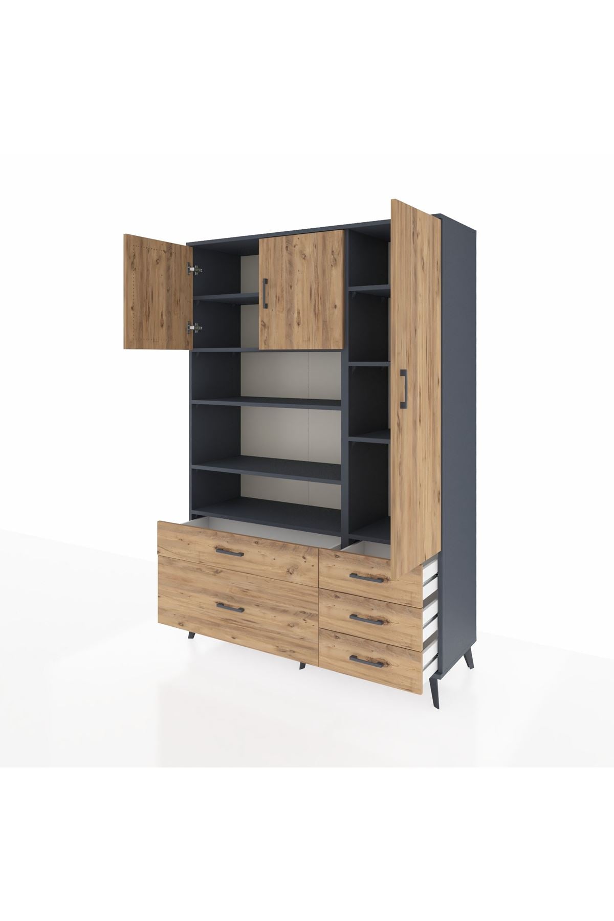 Hyperion Dolap 9 Raflı 5 Çekmeceli 3 Kapaklı 132x44x195 Antrasit-Çam/Çam