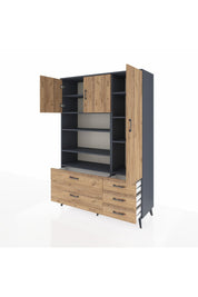 Hyperion Dolap 9 Raflı 5 Çekmeceli 3 Kapaklı 132x44x195 Antrasit-Çam/Çam