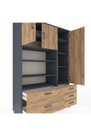 Hyperion Dolap 9 Raflı 5 Çekmeceli 3 Kapaklı 132x44x195 Antrasit-Çam/Çam