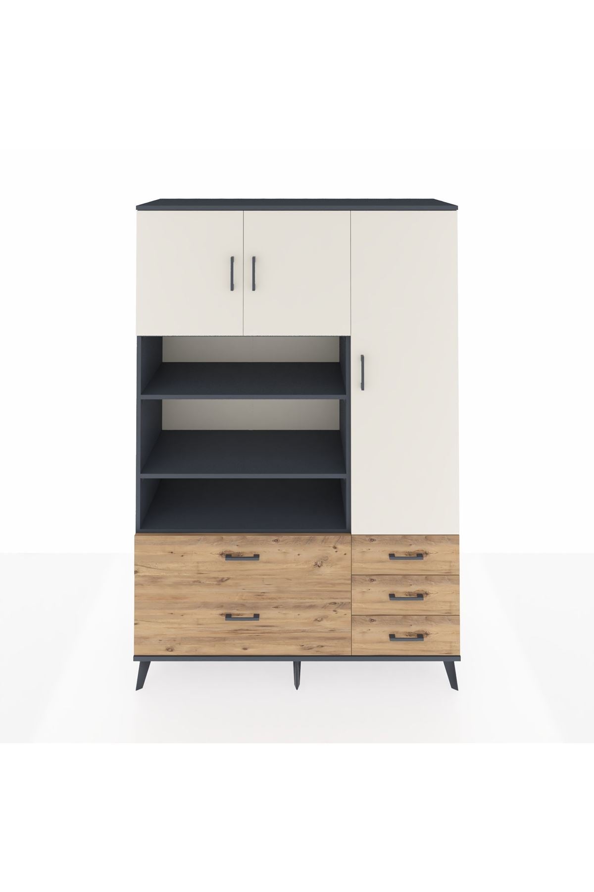 Hyperion Dolap 9 Raflı 5 Çekmeceli 3 Kapaklı 132x44x195 Antrasit-Aytaşı/Çam