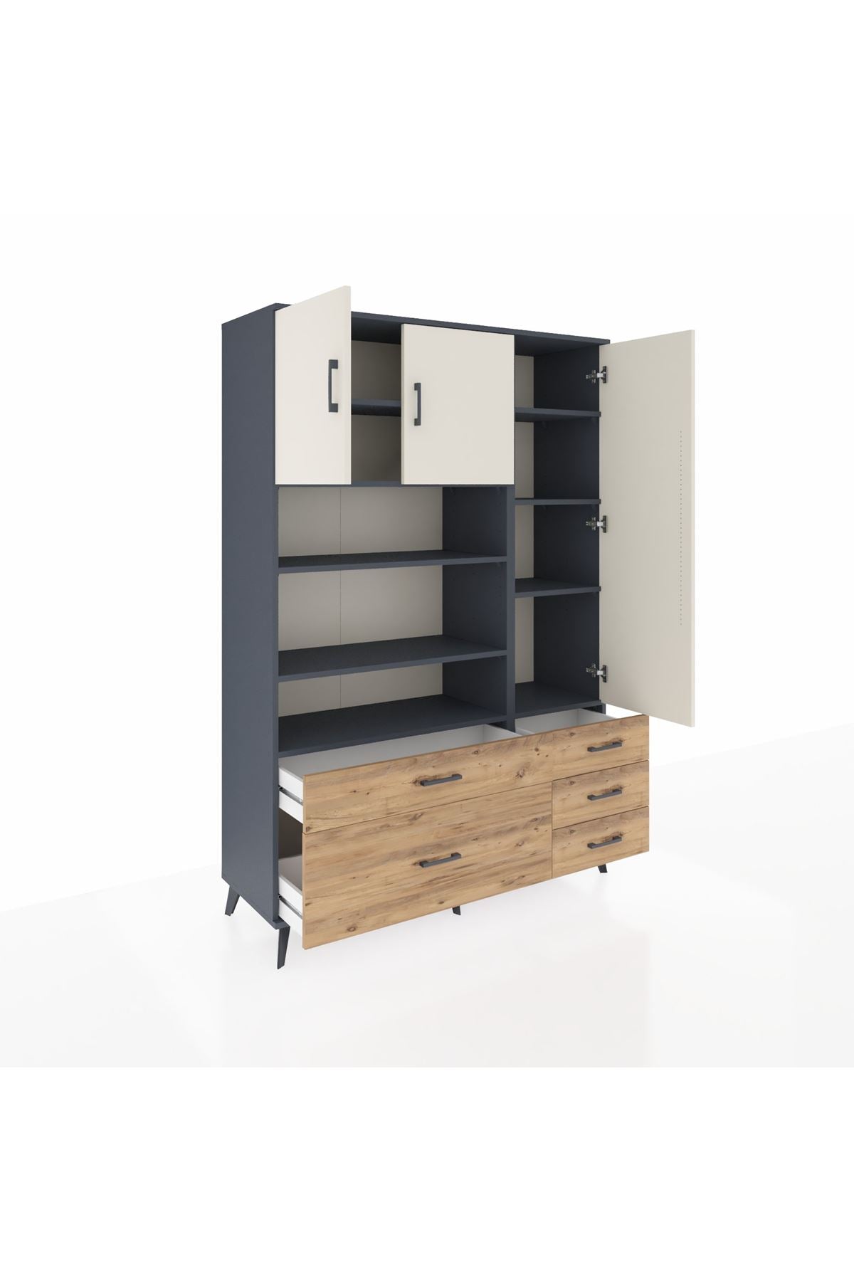 Hyperion Dolap 9 Raflı 5 Çekmeceli 3 Kapaklı 132x44x195 Antrasit-Aytaşı/Çam