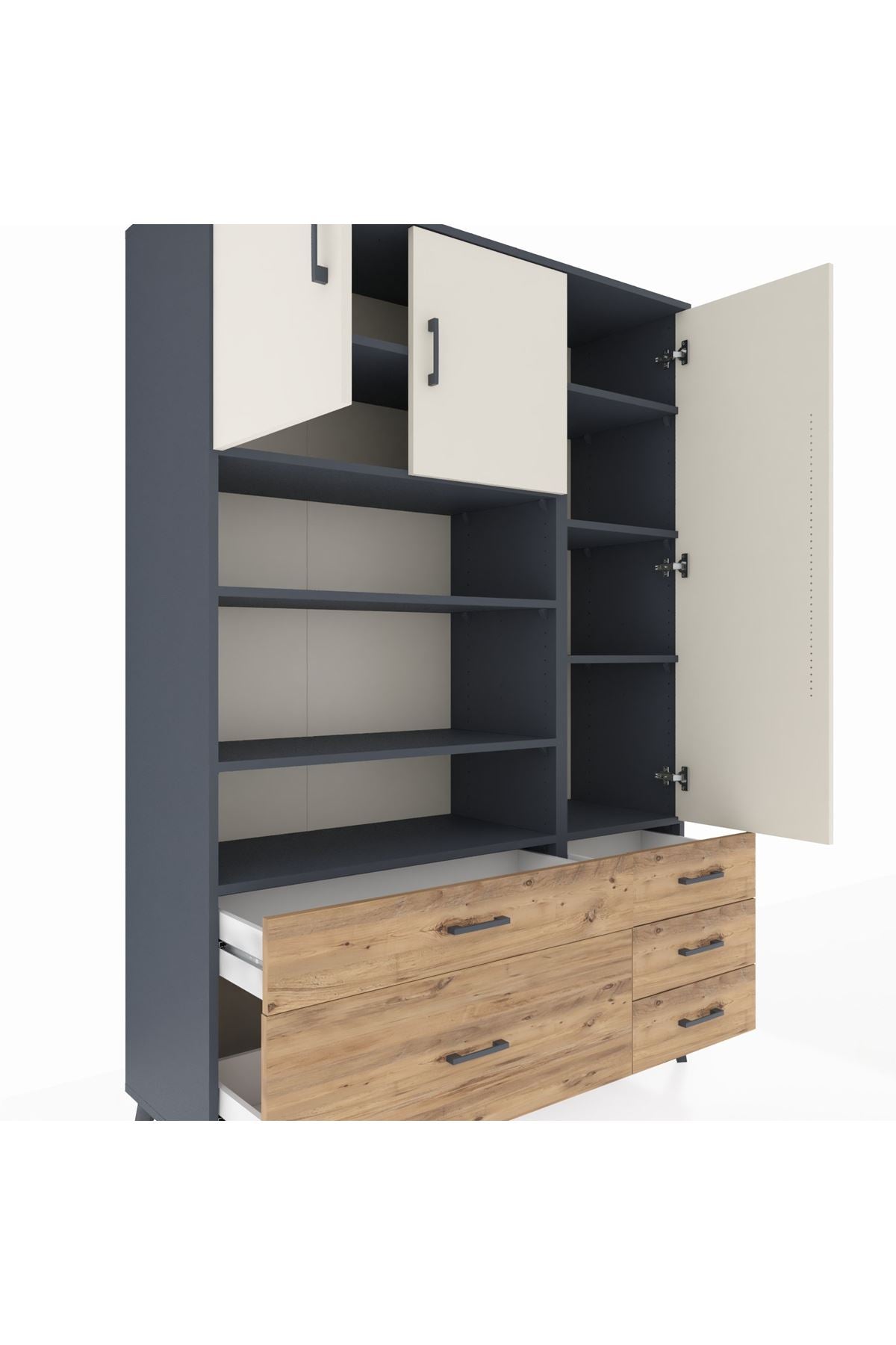 Hyperion Dolap 9 Raflı 5 Çekmeceli 3 Kapaklı 132x44x195 Antrasit-Aytaşı/Çam