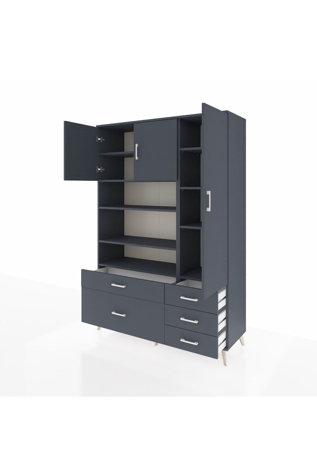 Hyperion Dolap 9 Raflı 5 Çekmeceli 3 Kapaklı 132x44x195 Antrasit-Antrasit/Antrasit