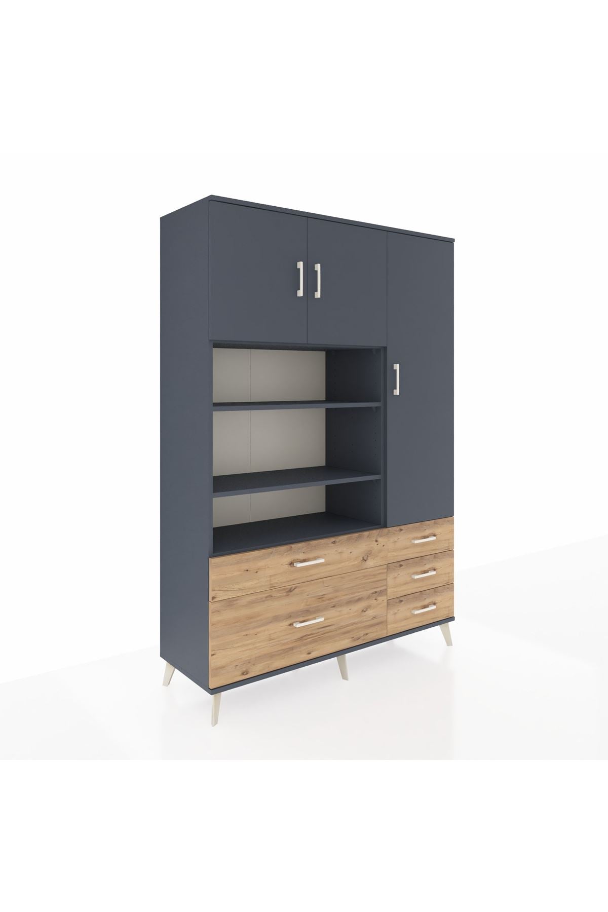 Hyperion Dolap 9 Raflı 5 Çekmeceli 3 Kapaklı 132x44x195 Antrasit-Antrasit/Çam