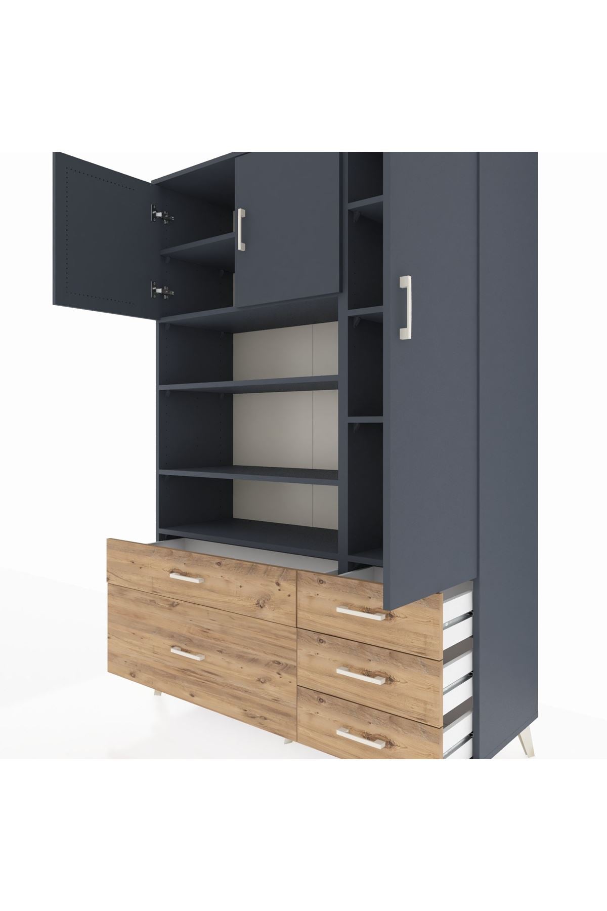 Hyperion Dolap 9 Raflı 5 Çekmeceli 3 Kapaklı 132x44x195 Antrasit-Antrasit/Çam