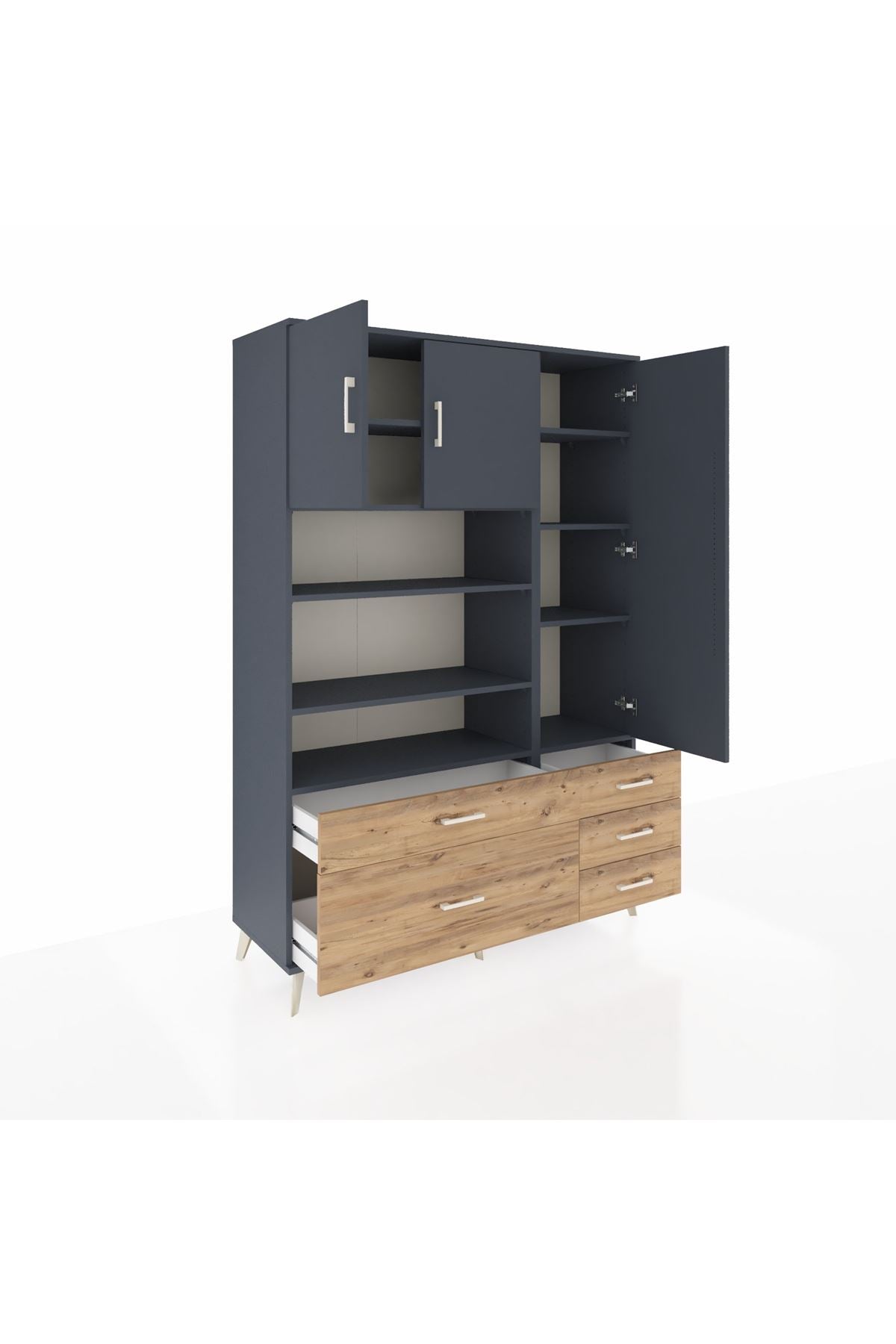 Hyperion Dolap 9 Raflı 5 Çekmeceli 3 Kapaklı 132x44x195 Antrasit-Antrasit/Çam