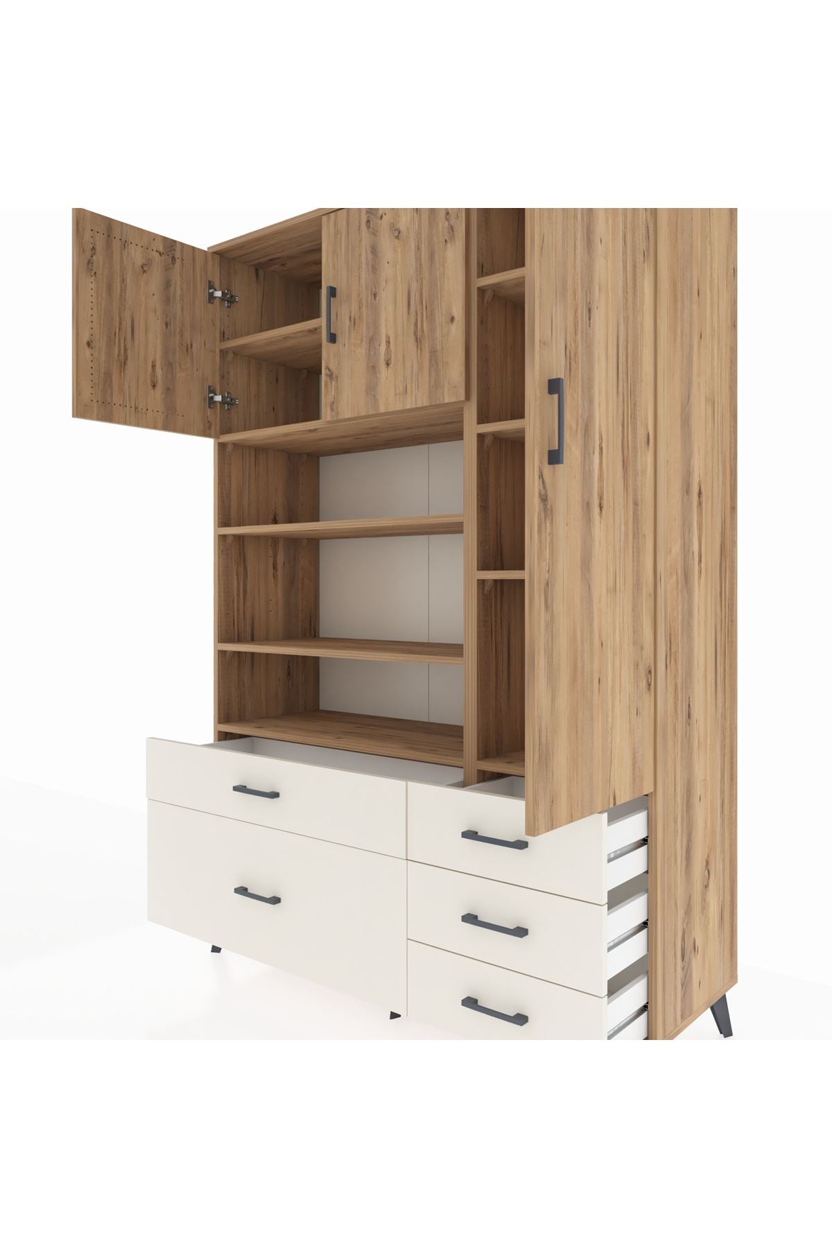 Hyperion Dolap 9 Raflı 5 Çekmeceli 3 Kapaklı 132x44x195 Çam-Çam/Aytaşı