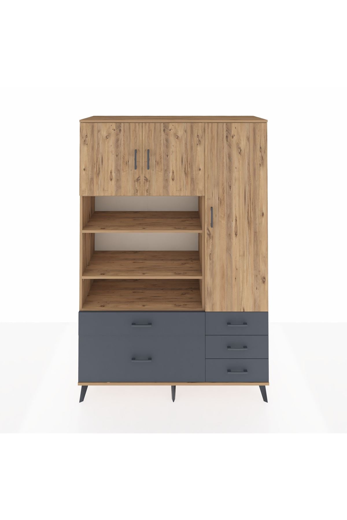 Hyperion Dolap 9 Raflı 5 Çekmeceli 3 Kapaklı 132x44x195 Çam-Çam/Antrasit