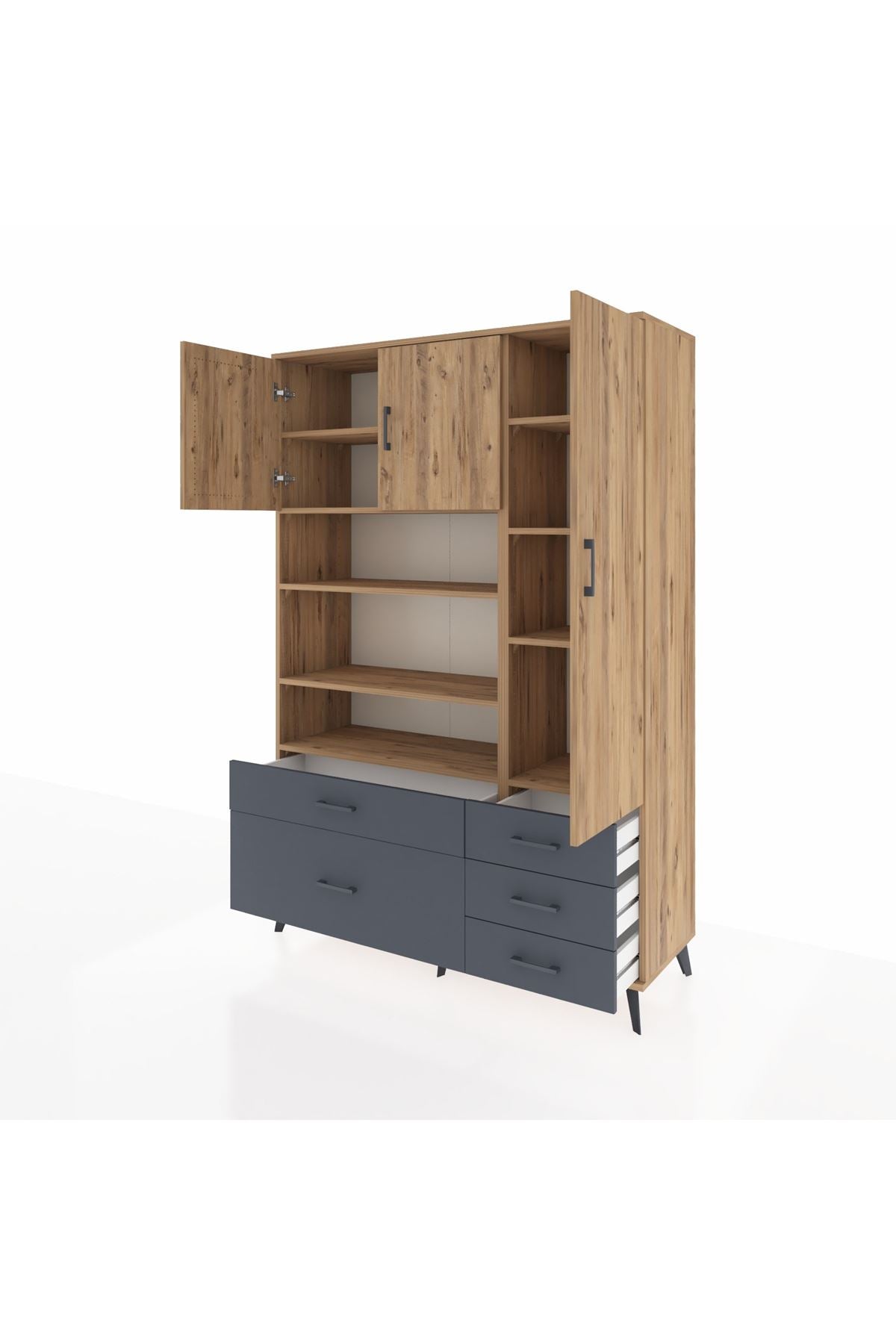 Hyperion Dolap 9 Raflı 5 Çekmeceli 3 Kapaklı 132x44x195 Çam-Çam/Antrasit