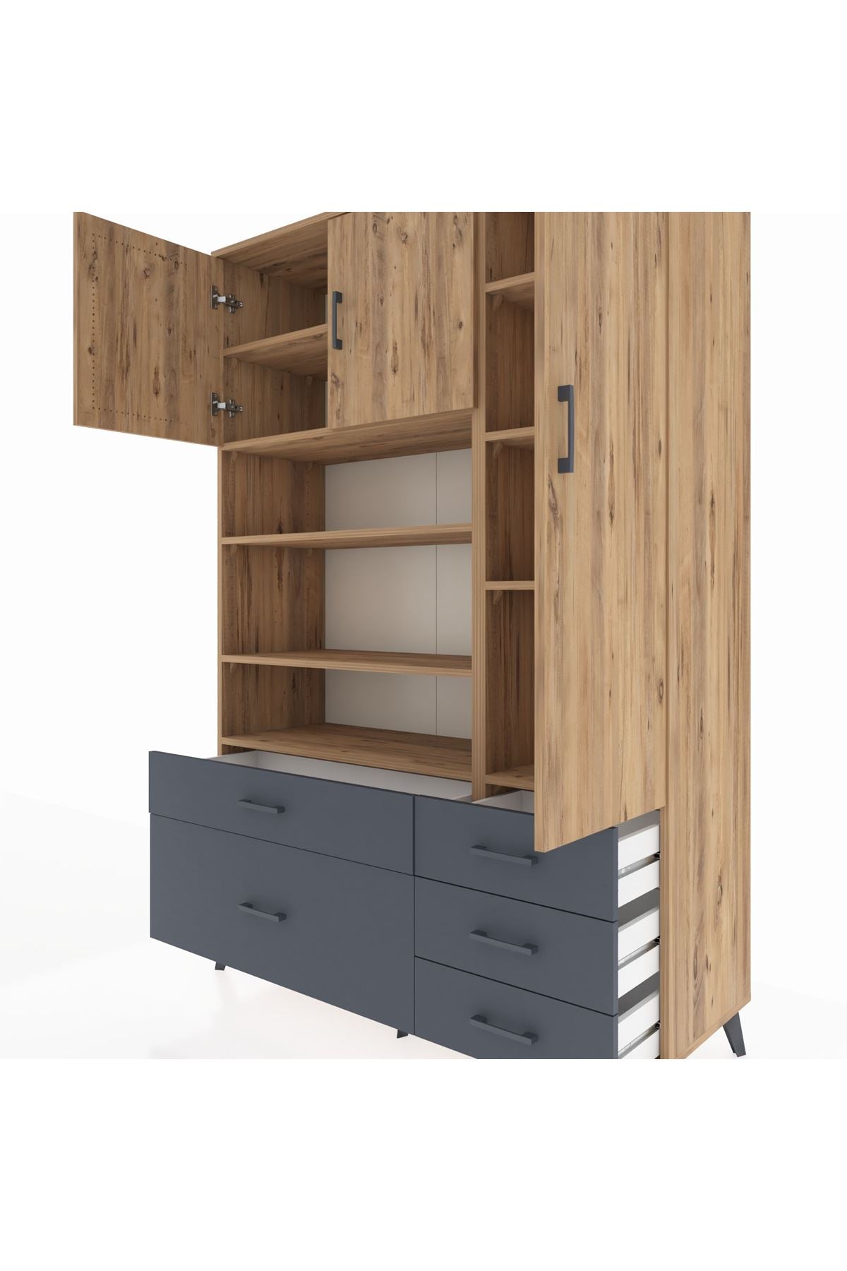 Hyperion Dolap 9 Raflı 5 Çekmeceli 3 Kapaklı 132x44x195 Çam-Çam/Antrasit