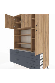 Hyperion Dolap 9 Raflı 5 Çekmeceli 3 Kapaklı 132x44x195 Çam-Çam/Antrasit