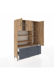 Hyperion Dolap 9 Raflı 5 Çekmeceli 3 Kapaklı 132x44x195 Çam-Çam/Antrasit