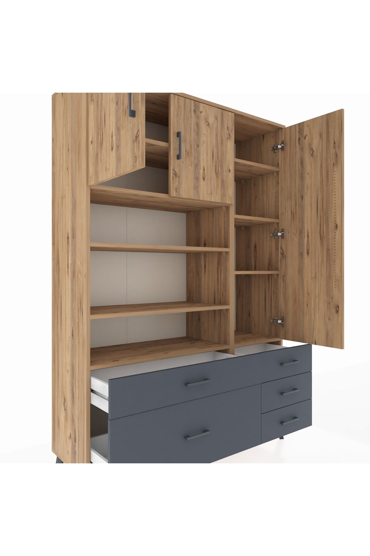 Hyperion Dolap 9 Raflı 5 Çekmeceli 3 Kapaklı 132x44x195 Çam-Çam/Antrasit