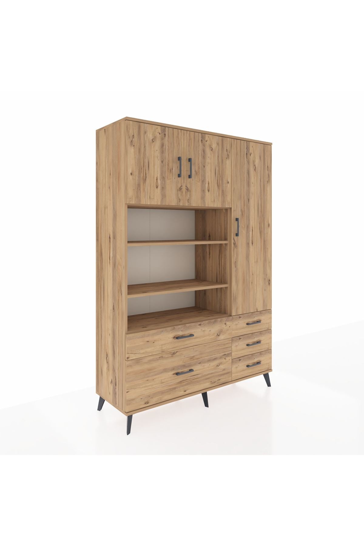 Hyperion Dolap 9 Raflı 5 Çekmeceli 3 Kapaklı 132x44x195 Çam-Çam/Çam