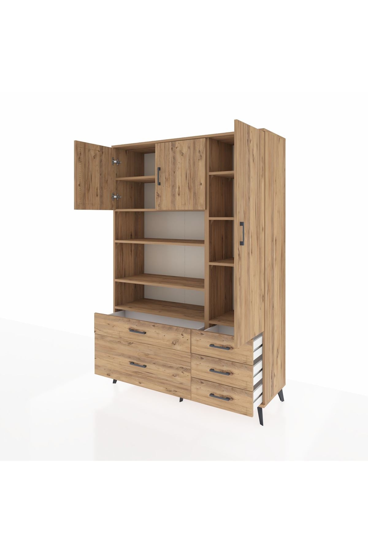 Hyperion Dolap 9 Raflı 5 Çekmeceli 3 Kapaklı 132x44x195 Çam-Çam/Çam