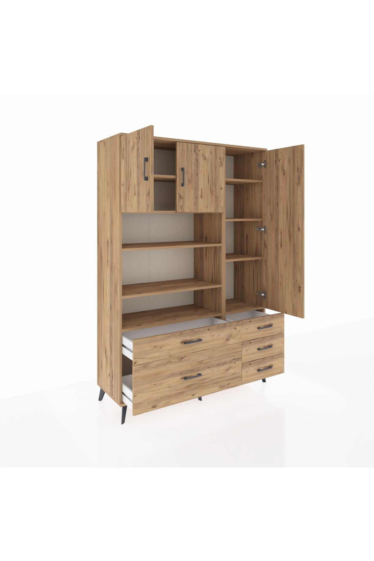 Hyperion Dolap 9 Raflı 5 Çekmeceli 3 Kapaklı 132x44x195 Çam-Çam/Çam