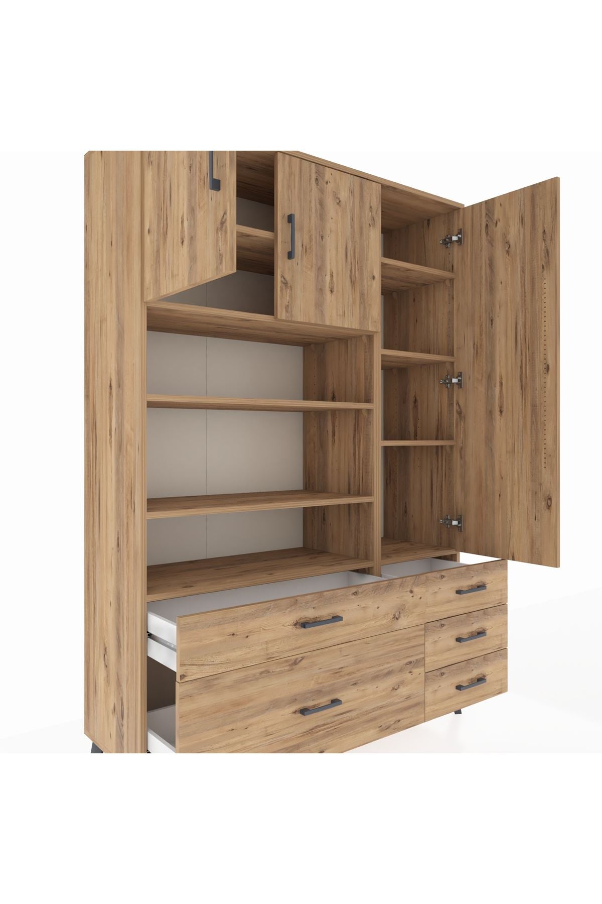 Hyperion Dolap 9 Raflı 5 Çekmeceli 3 Kapaklı 132x44x195 Çam-Çam/Çam