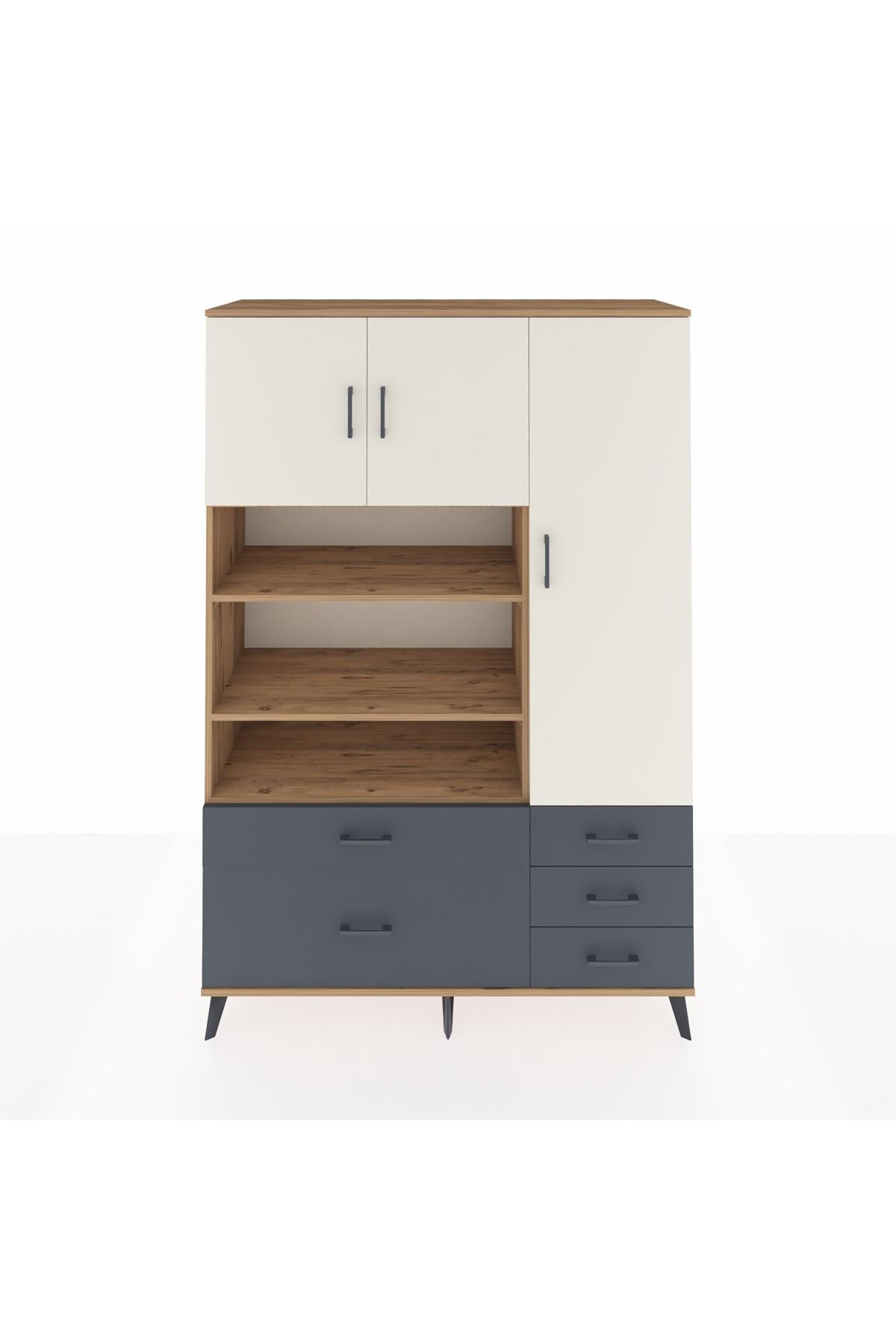 Hyperion Dolap 9 Raflı 5 Çekmeceli 3 Kapaklı 132x44x195 Çam-Aytaşı/Antrasit