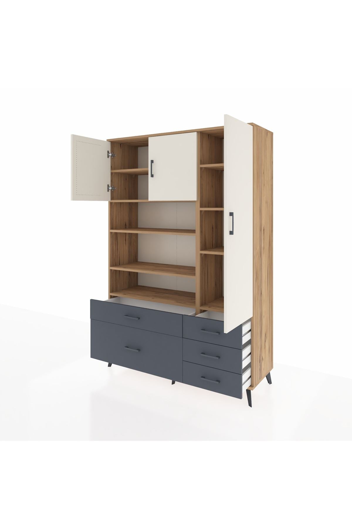Hyperion Dolap 9 Raflı 5 Çekmeceli 3 Kapaklı 132x44x195 Çam-Aytaşı/Antrasit