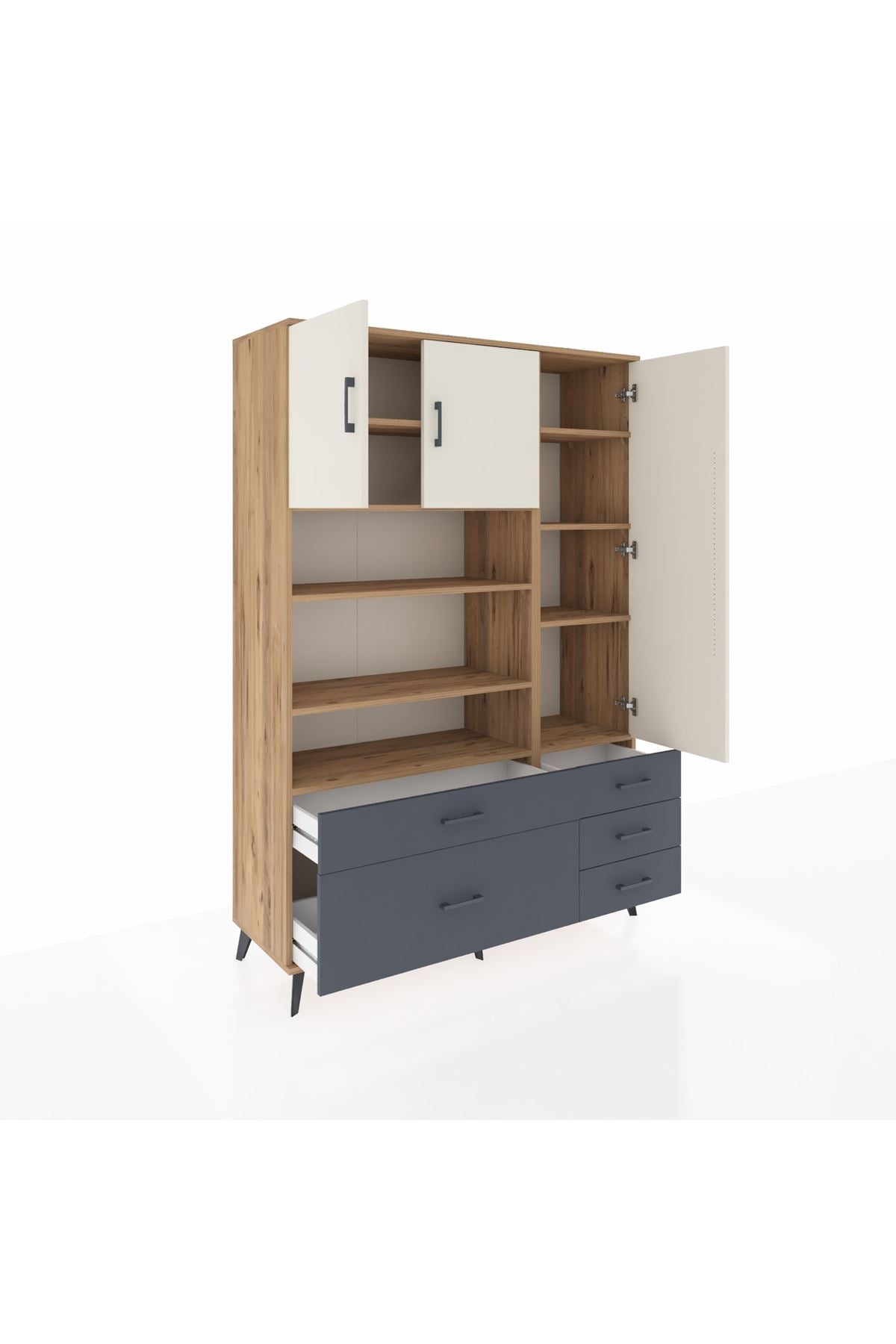Hyperion Dolap 9 Raflı 5 Çekmeceli 3 Kapaklı 132x44x195 Çam-Aytaşı/Antrasit