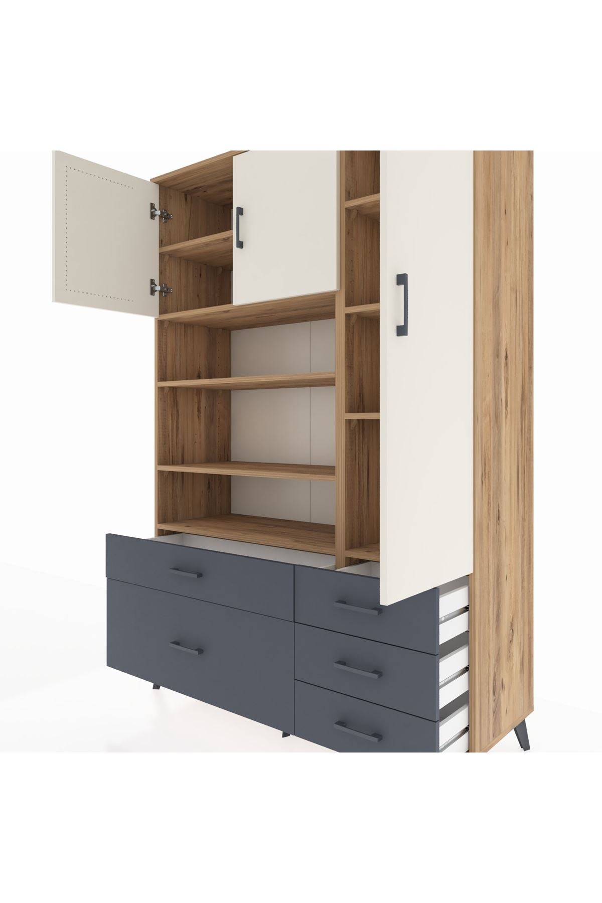Hyperion Dolap 9 Raflı 5 Çekmeceli 3 Kapaklı 132x44x195 Çam-Aytaşı/Antrasit