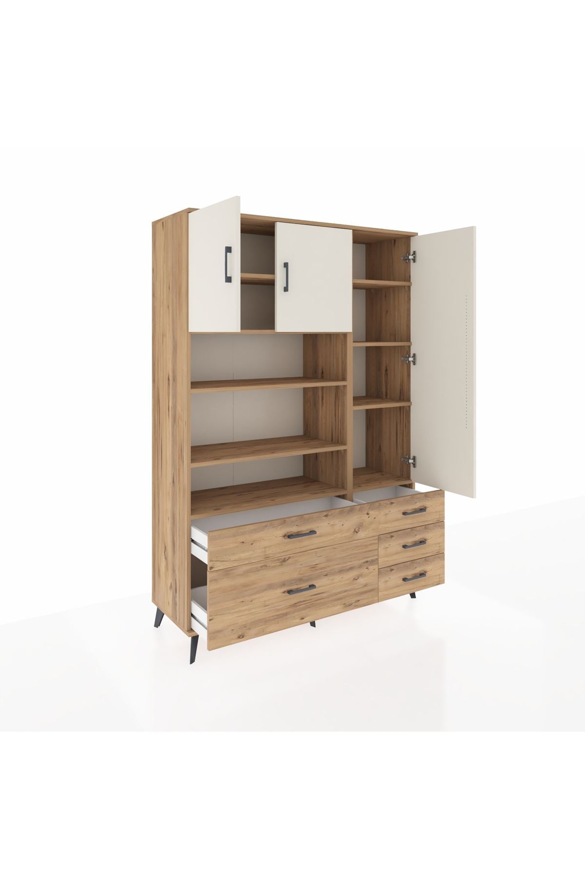 Hyperion Dolap 9 Raflı 5 Çekmeceli 3 Kapaklı 132x44x195 Çam-Aytaşı/Çam