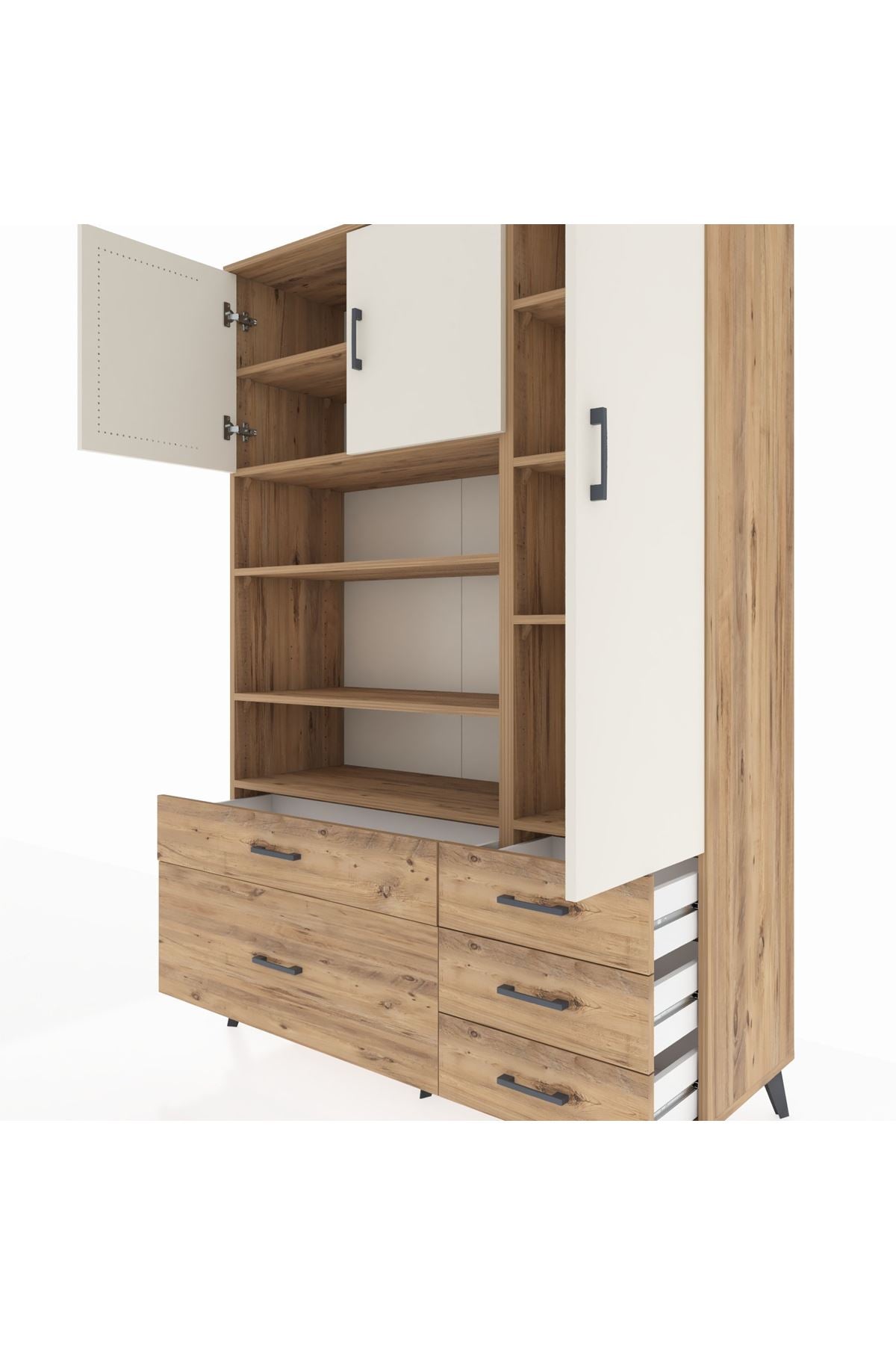 Hyperion Dolap 9 Raflı 5 Çekmeceli 3 Kapaklı 132x44x195 Çam-Aytaşı/Çam