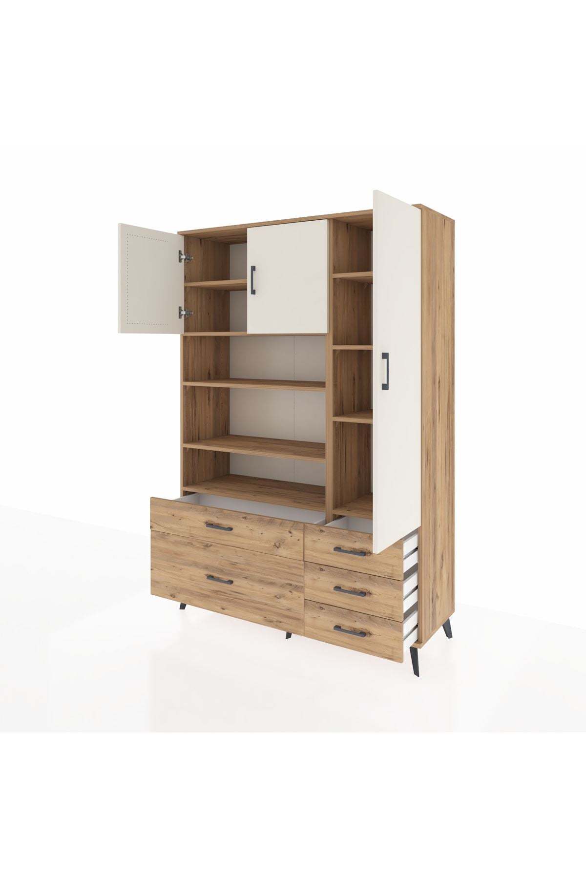 Hyperion Dolap 9 Raflı 5 Çekmeceli 3 Kapaklı 132x44x195 Çam-Aytaşı/Çam