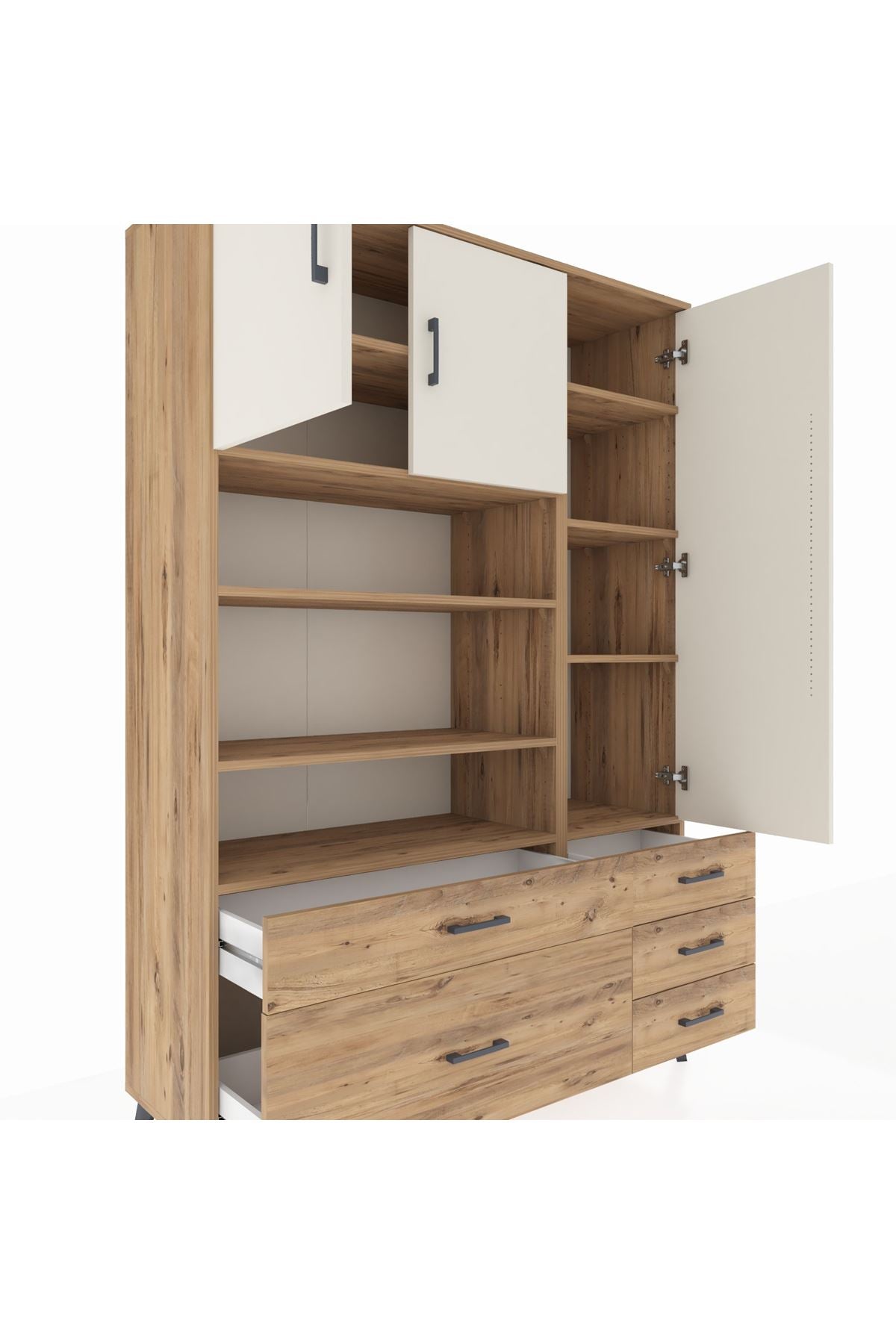 Hyperion Dolap 9 Raflı 5 Çekmeceli 3 Kapaklı 132x44x195 Çam-Aytaşı/Çam