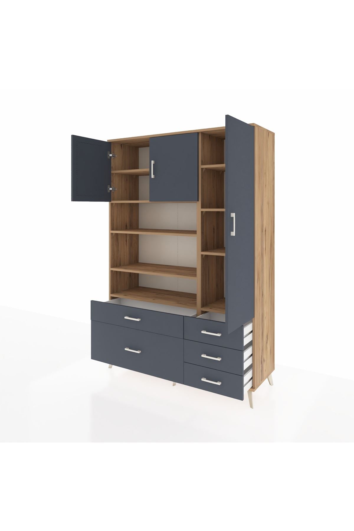 Hyperion Dolap 9 Raflı 5 Çekmeceli 3 Kapaklı 132x44x195 Çam-Antrasit/Antrasit