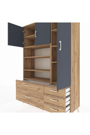 Hyperion Dolap 9 Raflı 5 Çekmeceli 3 Kapaklı 132x44x195 Çam-Antrasit/Çam
