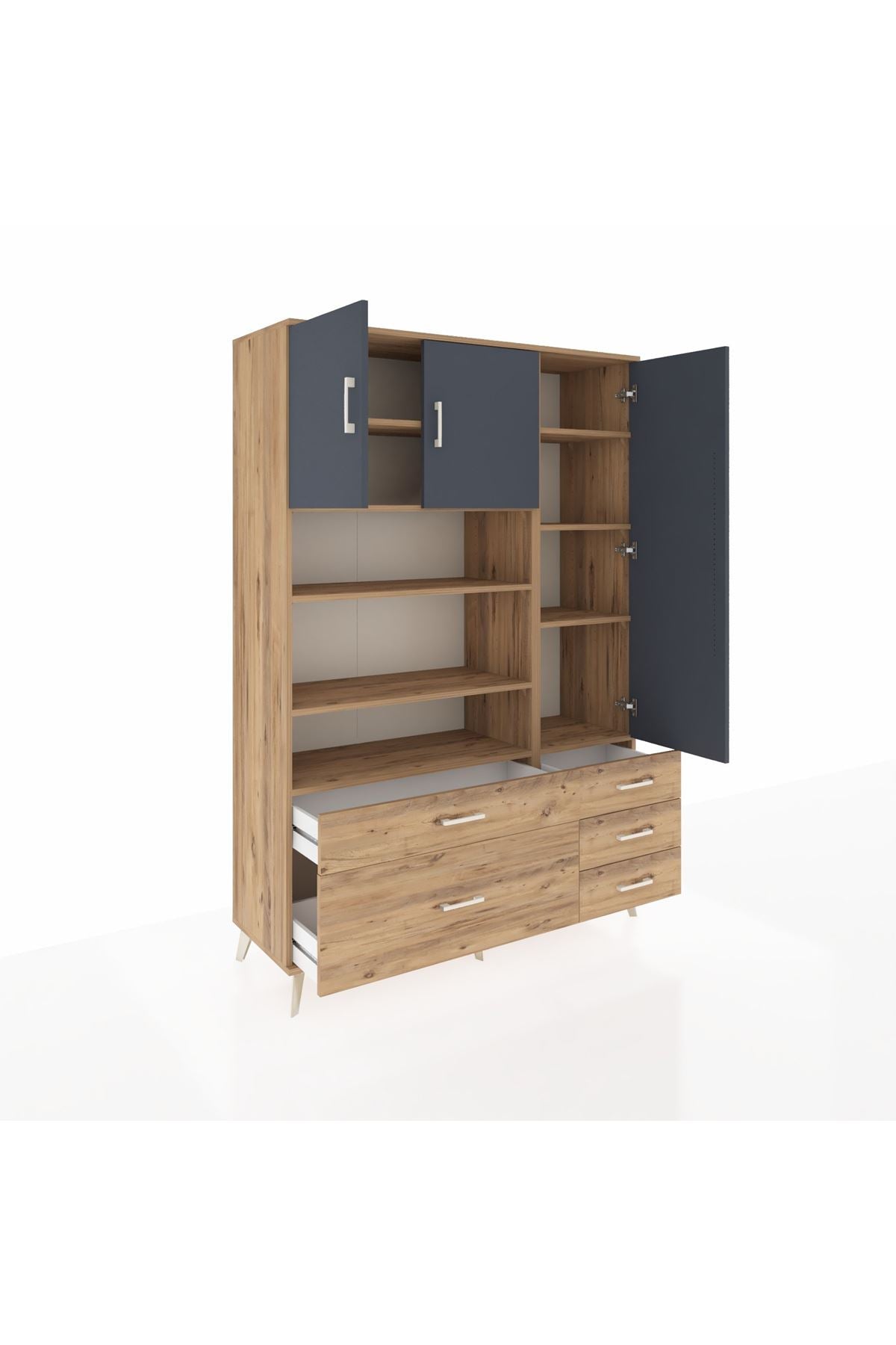 Hyperion Dolap 9 Raflı 5 Çekmeceli 3 Kapaklı 132x44x195 Çam-Antrasit/Çam