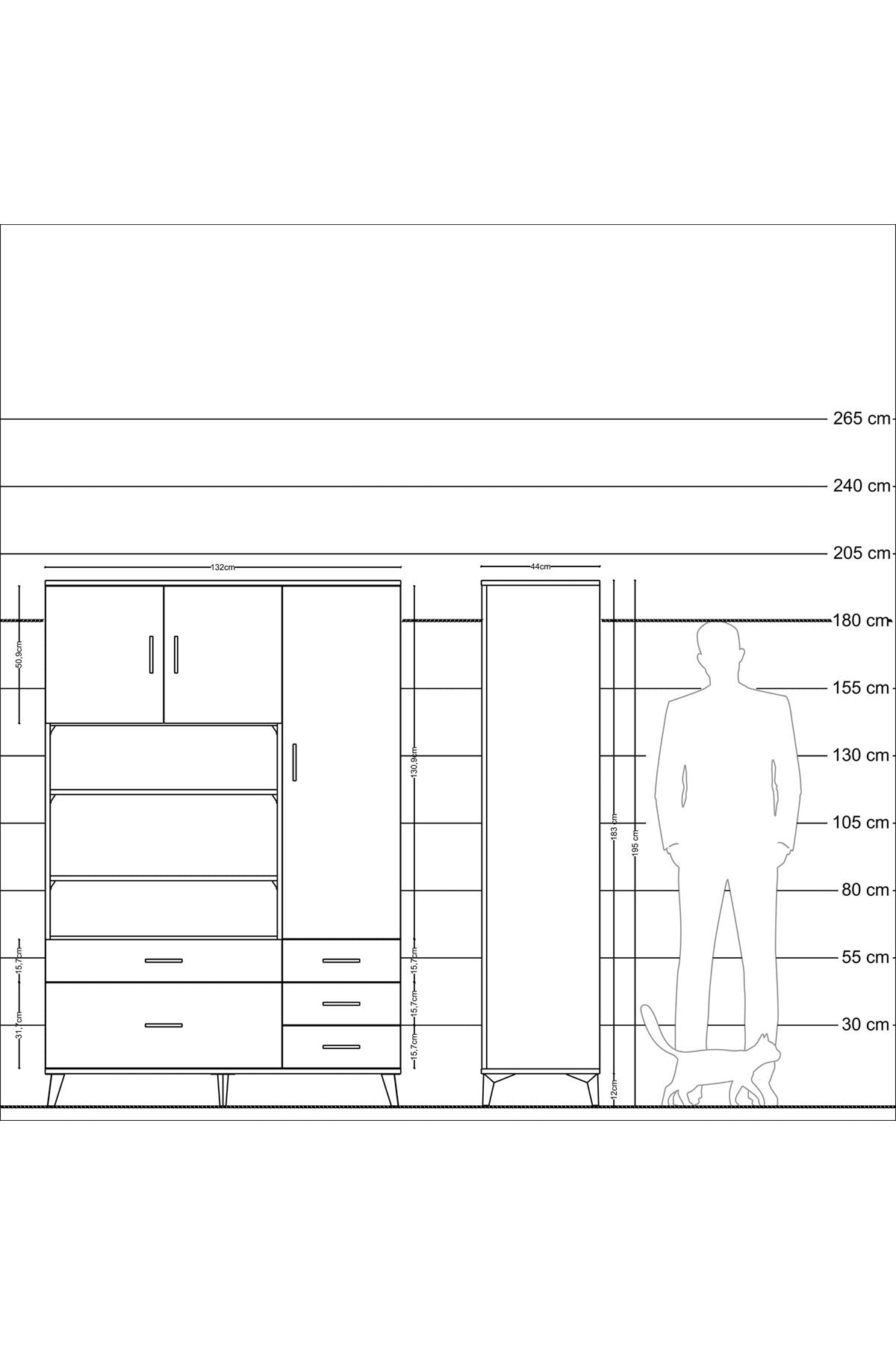 Hyperion Dolap 9 Raflı 5 Çekmeceli 3 Kapaklı 132x44x195 Çam-Antrasit/Çam
