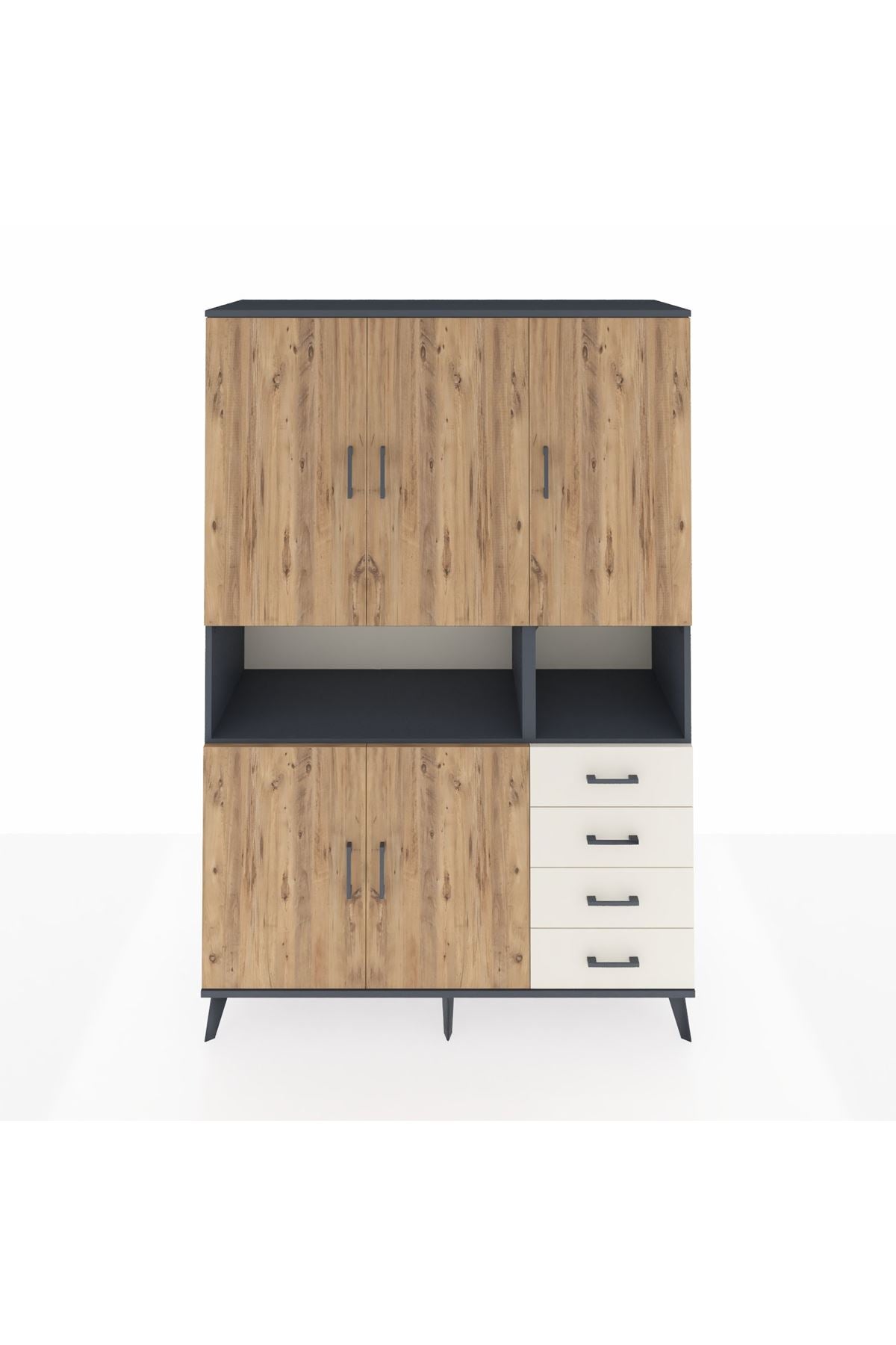 Hyperion Dolap 7 Raflı 4 Çekmeceli 5 Kapaklı 132x44x195 Antrasit-Çam/Aytaşı