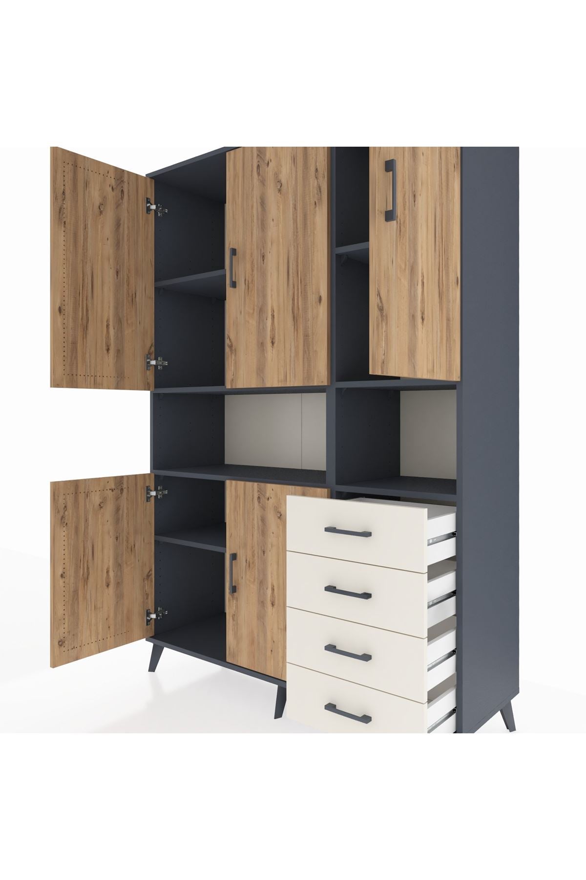 Hyperion Dolap 7 Raflı 4 Çekmeceli 5 Kapaklı 132x44x195 Antrasit-Çam/Aytaşı