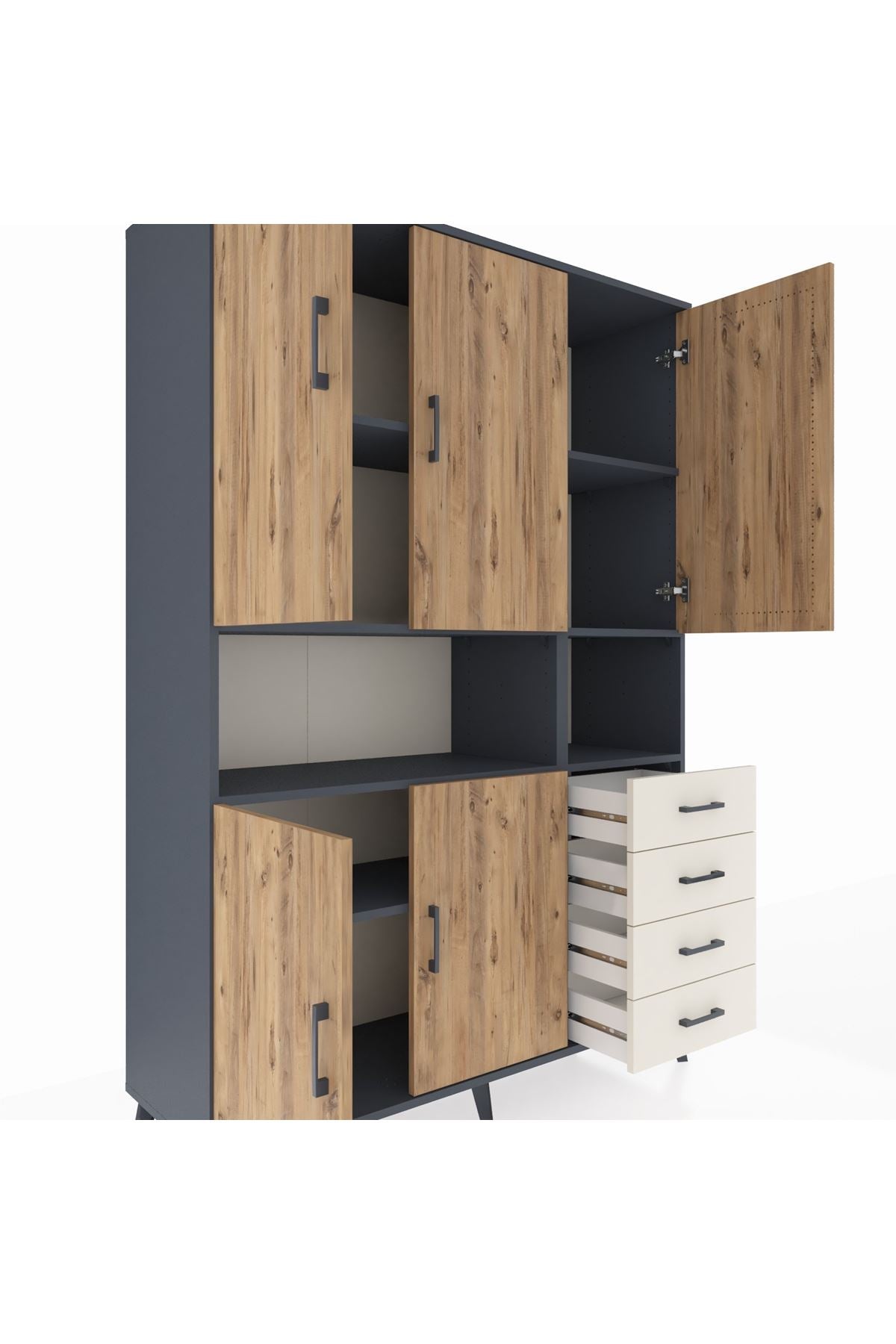 Hyperion Dolap 7 Raflı 4 Çekmeceli 5 Kapaklı 132x44x195 Antrasit-Çam/Aytaşı