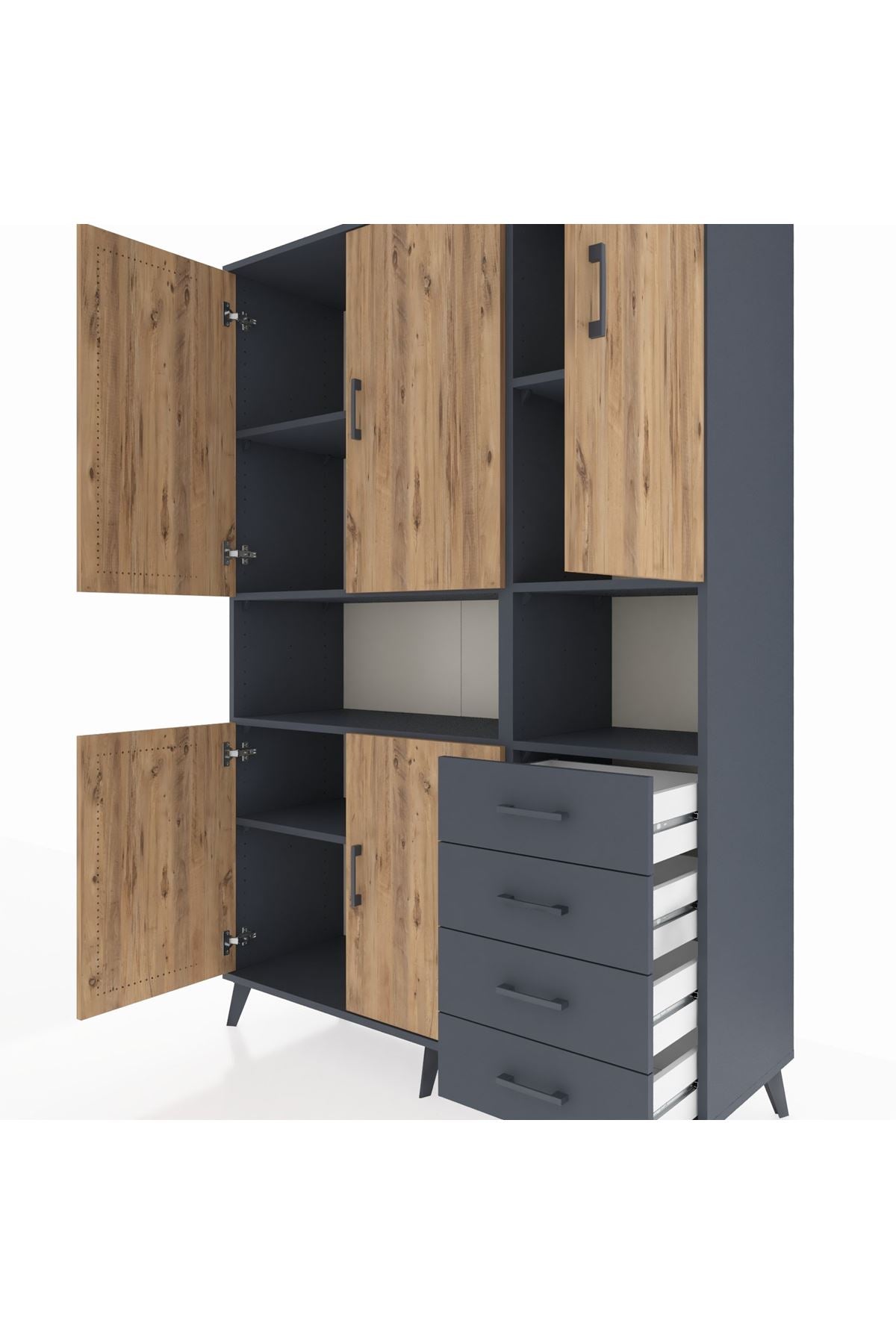 Hyperion Dolap 7 Raflı 4 Çekmeceli 5 Kapaklı 132x44x195 Antrasit-Çam/Antrasit