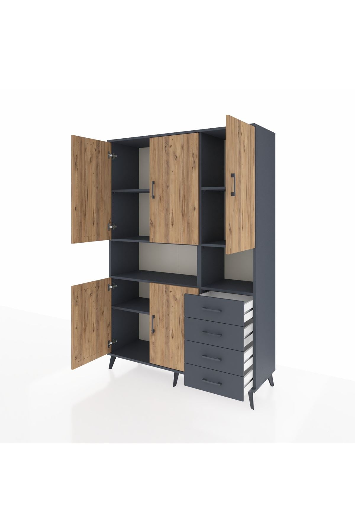 Hyperion Dolap 7 Raflı 4 Çekmeceli 5 Kapaklı 132x44x195 Antrasit-Çam/Antrasit