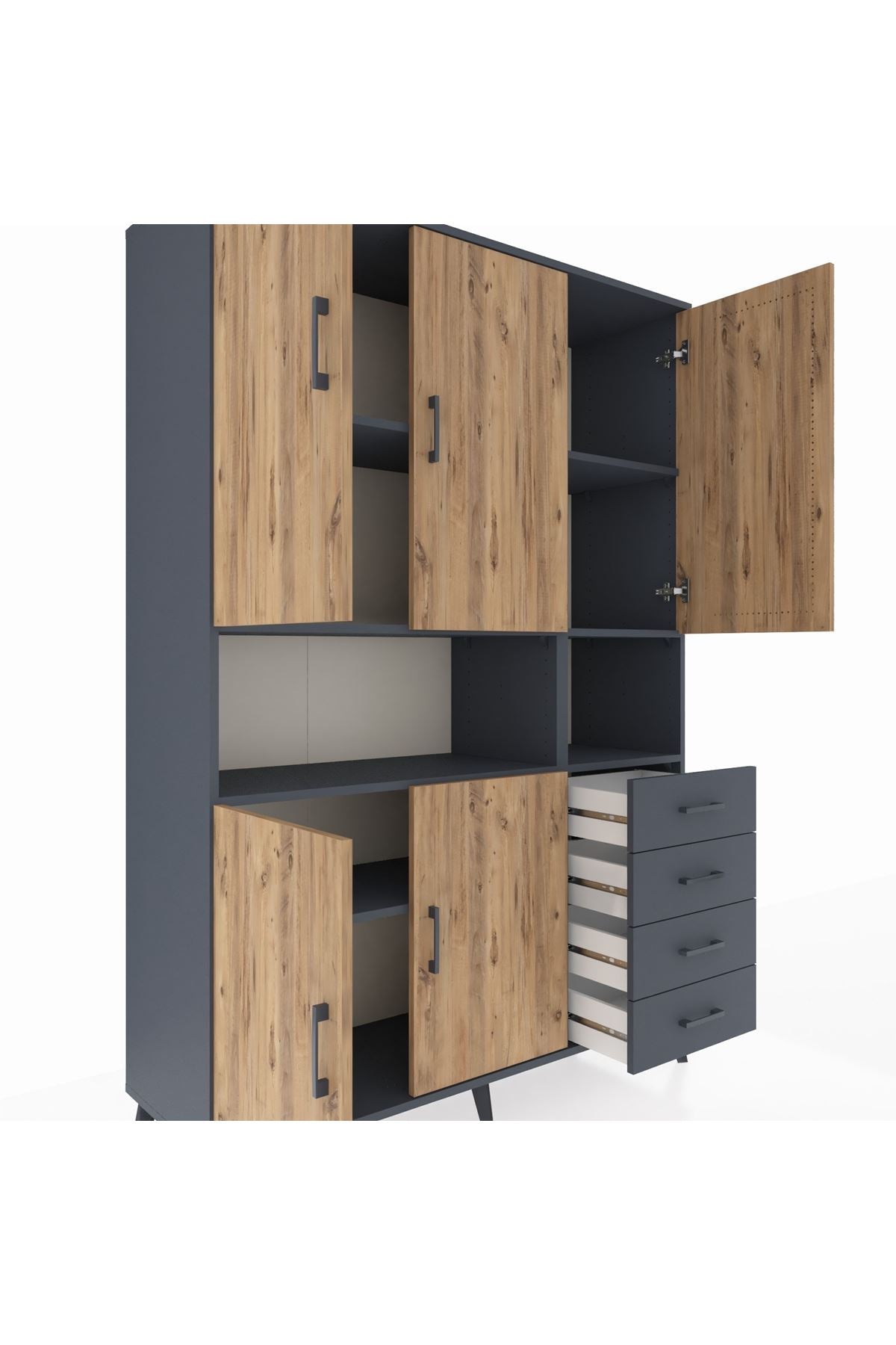 Hyperion Dolap 7 Raflı 4 Çekmeceli 5 Kapaklı 132x44x195 Antrasit-Çam/Antrasit