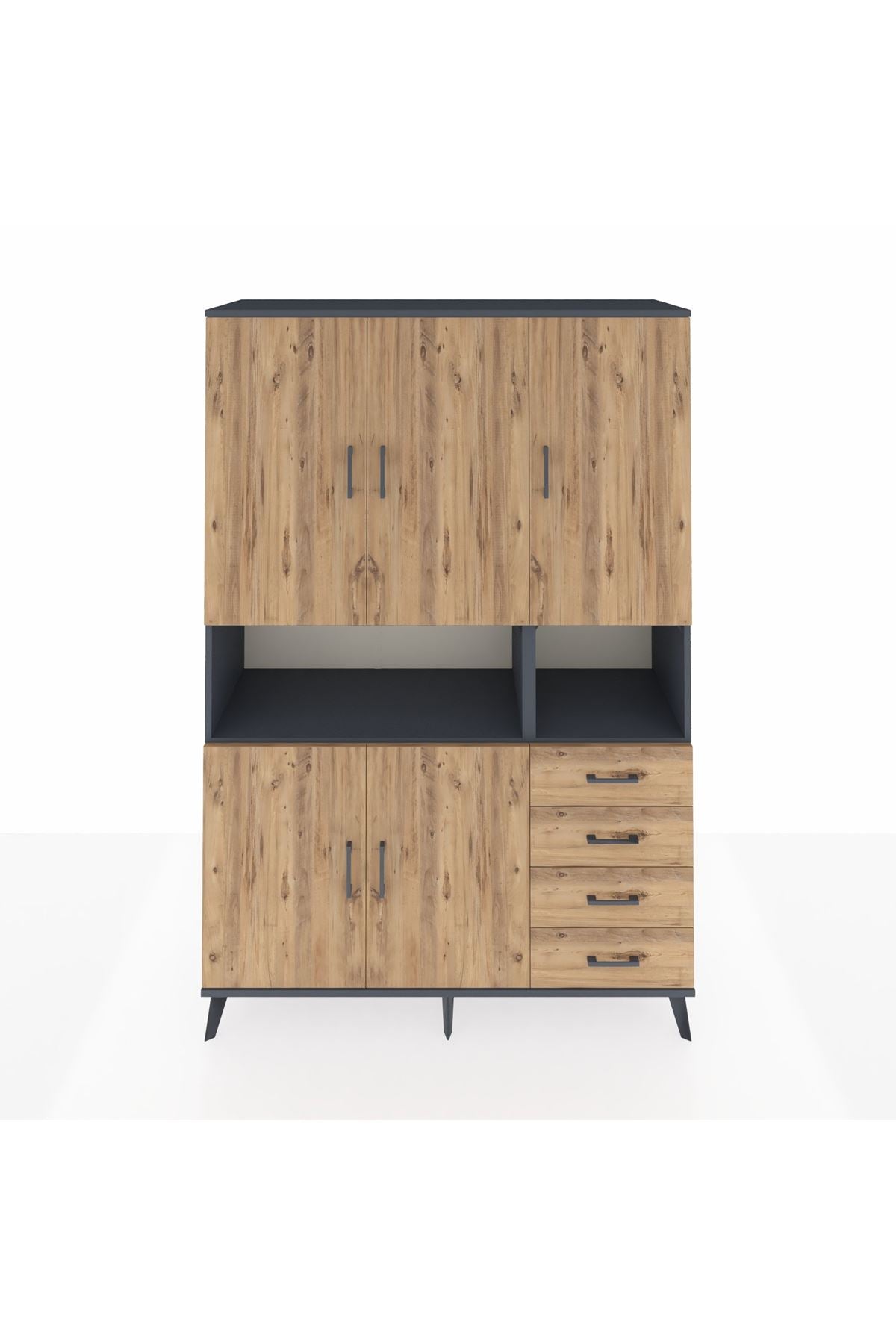 Hyperion Dolap 7 Raflı 4 Çekmeceli 5 Kapaklı 132x44x195 Antrasit-Çam/Çam