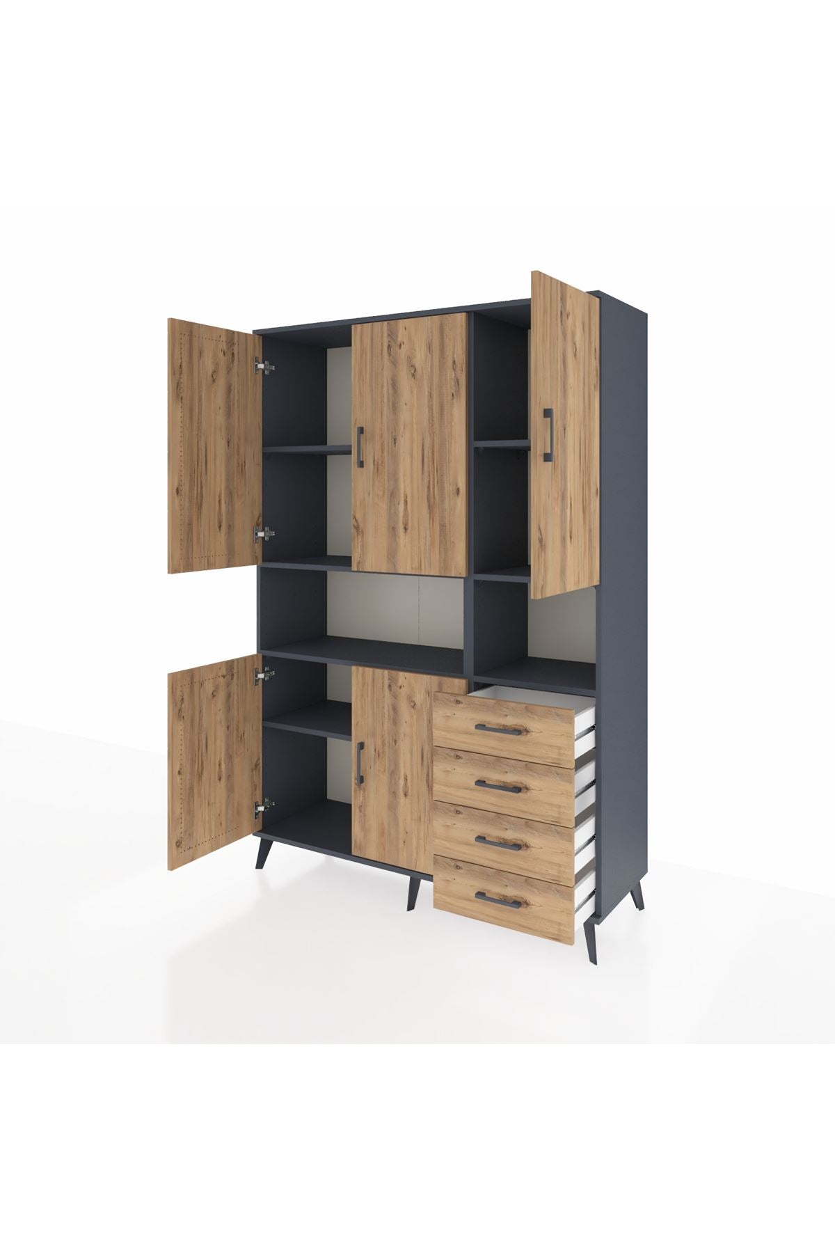 Hyperion Dolap 7 Raflı 4 Çekmeceli 5 Kapaklı 132x44x195 Antrasit-Çam/Çam