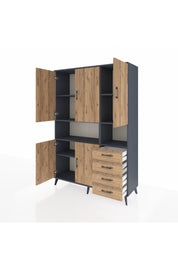 Hyperion Dolap 7 Raflı 4 Çekmeceli 5 Kapaklı 132x44x195 Antrasit-Çam/Çam