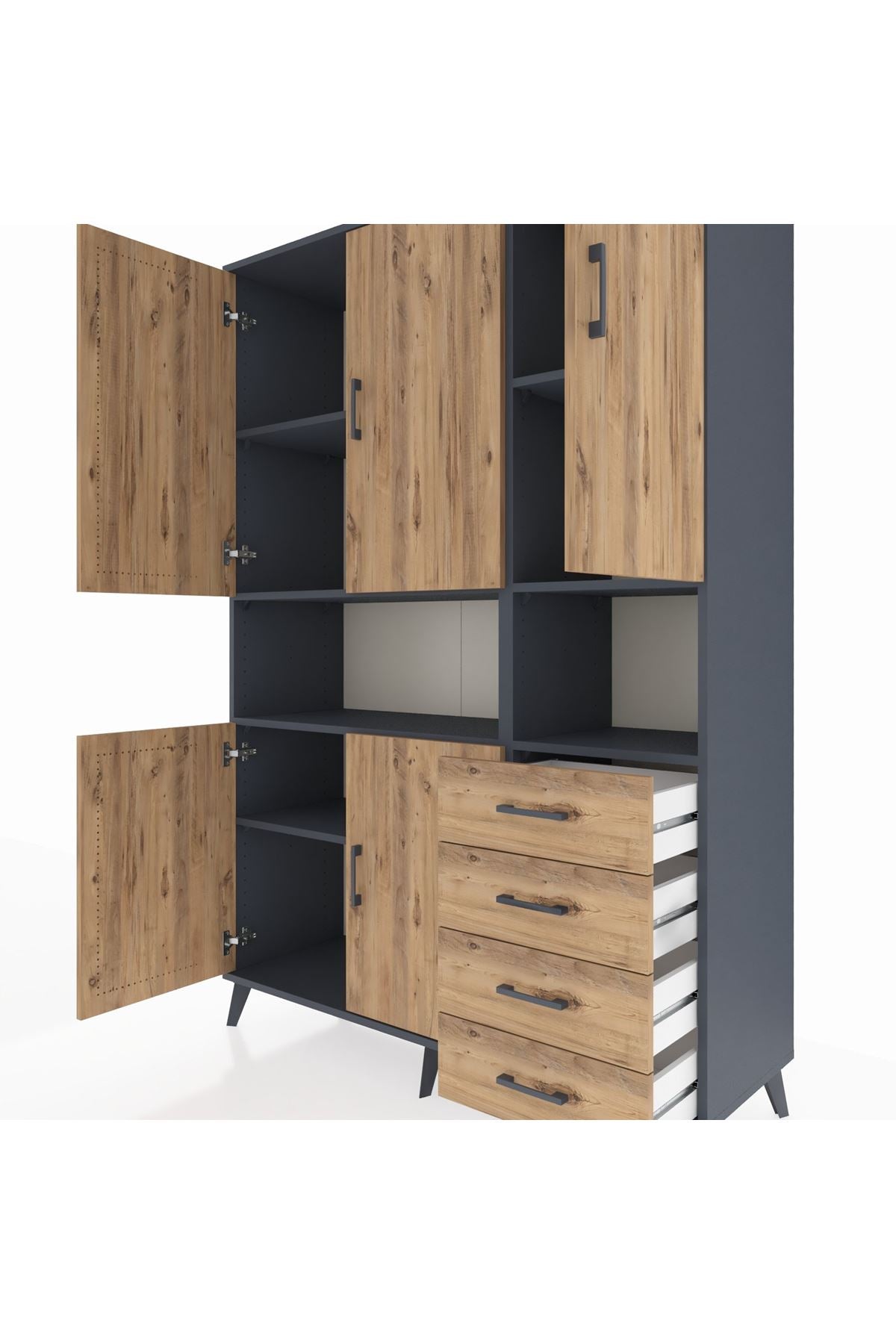 Hyperion Dolap 7 Raflı 4 Çekmeceli 5 Kapaklı 132x44x195 Antrasit-Çam/Çam