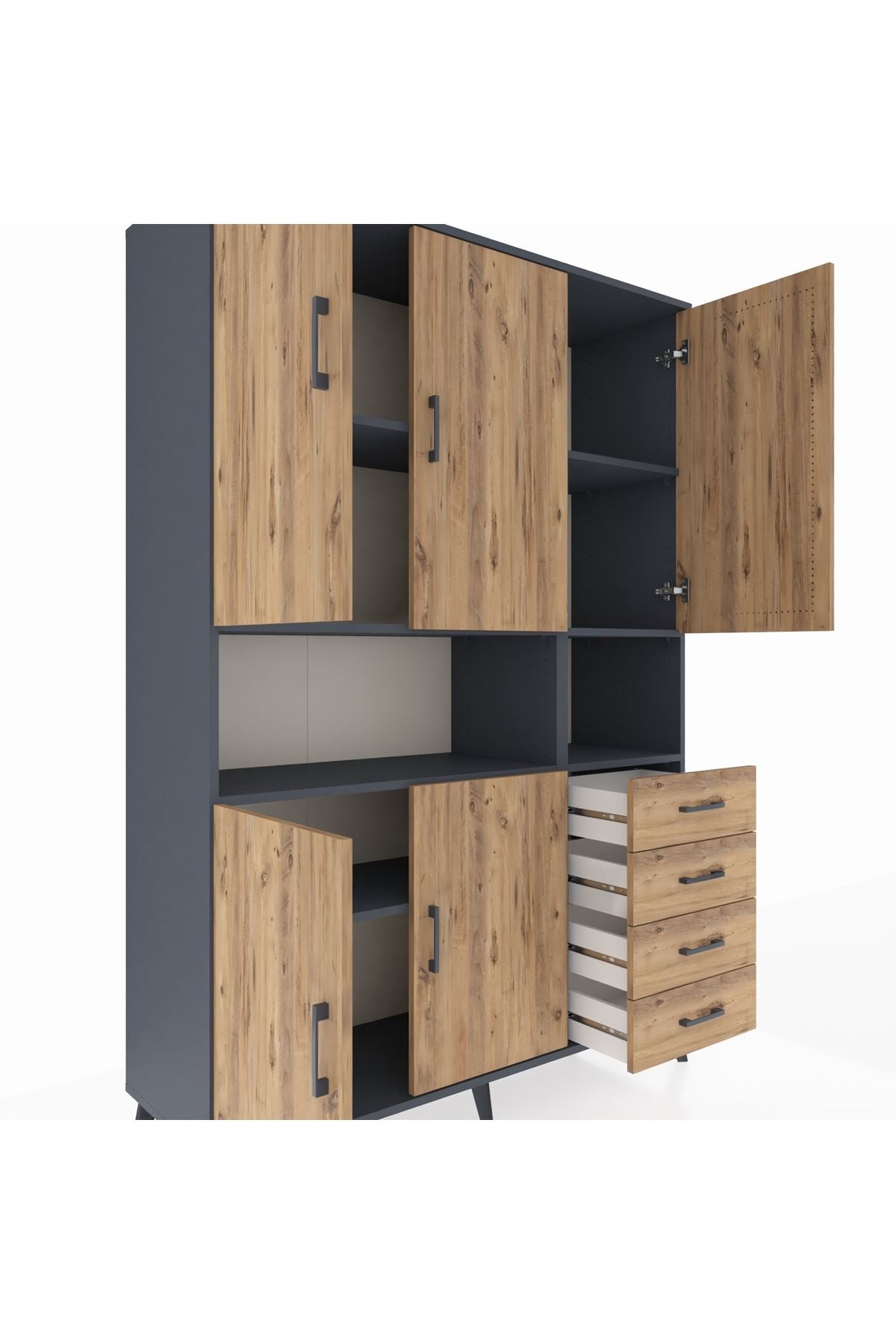Hyperion Dolap 7 Raflı 4 Çekmeceli 5 Kapaklı 132x44x195 Antrasit-Çam/Çam