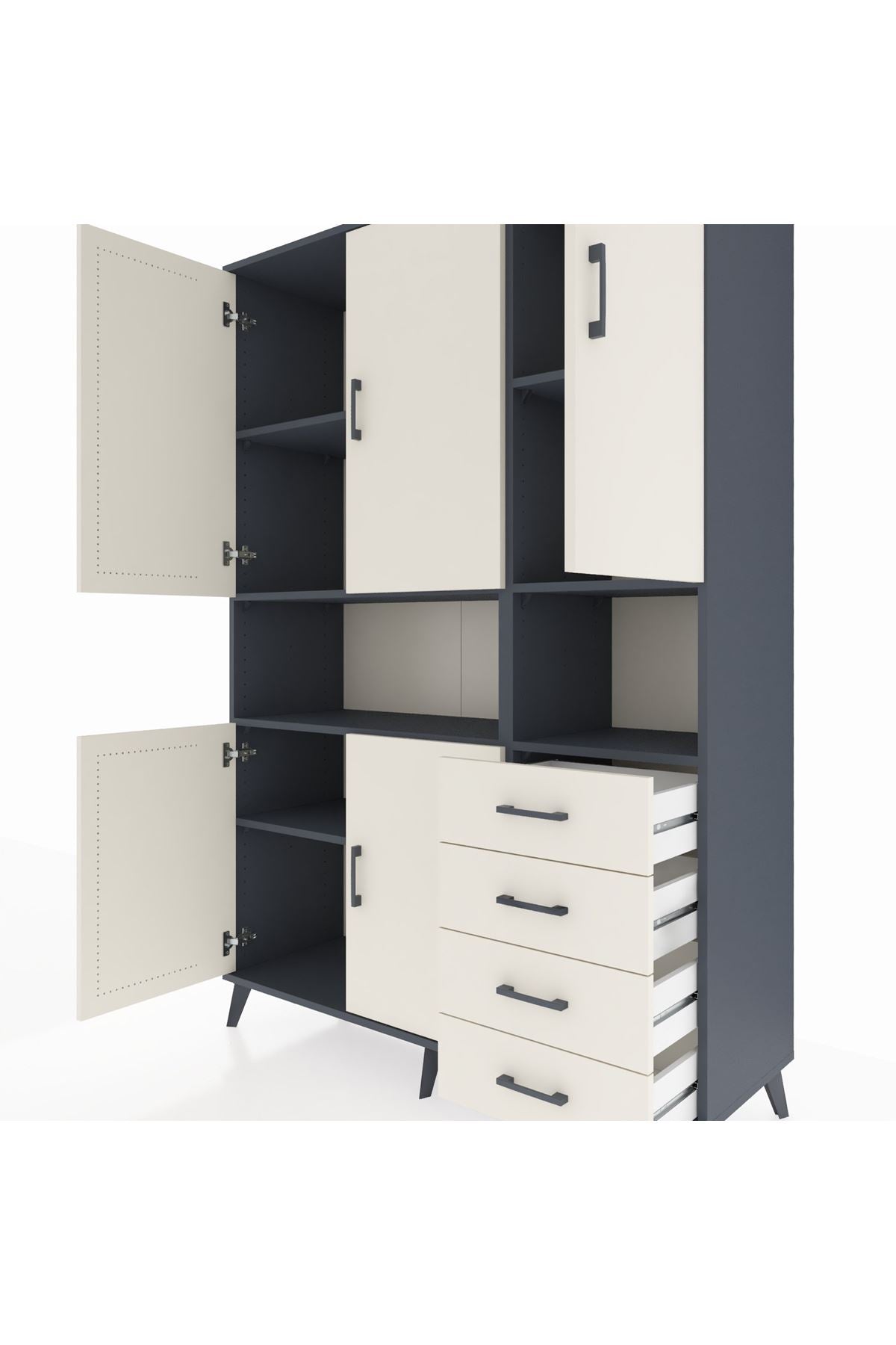 Hyperion Dolap 7 Raflı 4 Çekmeceli 5 Kapaklı 132x44x195 Antrasit-Aytaşı/Aytaşı