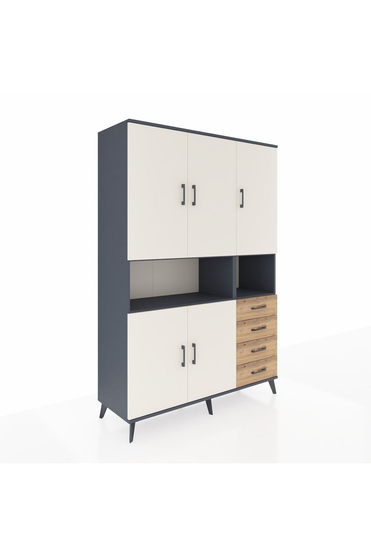 Hyperion Dolap 7 Raflı 4 Çekmeceli 5 Kapaklı 132x44x195 Antrasit-Aytaşı/Çam