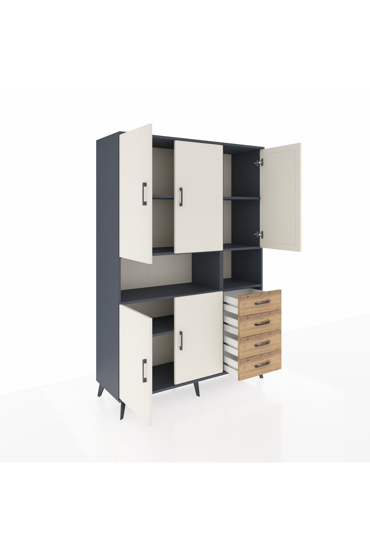 Hyperion Dolap 7 Raflı 4 Çekmeceli 5 Kapaklı 132x44x195 Antrasit-Aytaşı/Çam