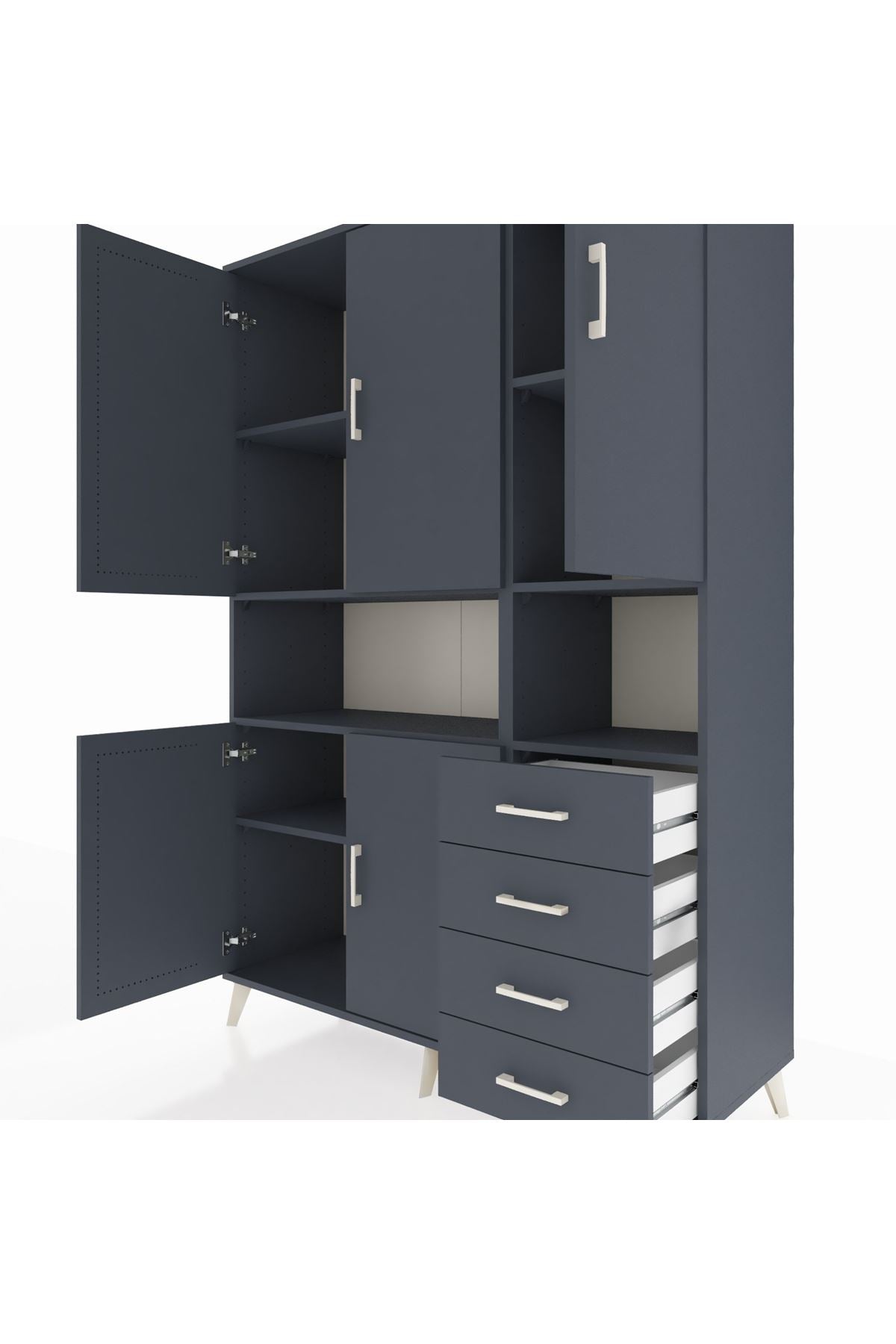 Hyperion Dolap 7 Raflı 4 Çekmeceli 5 Kapaklı 132x44x195 Antrasit-Antrasit/Antrasit